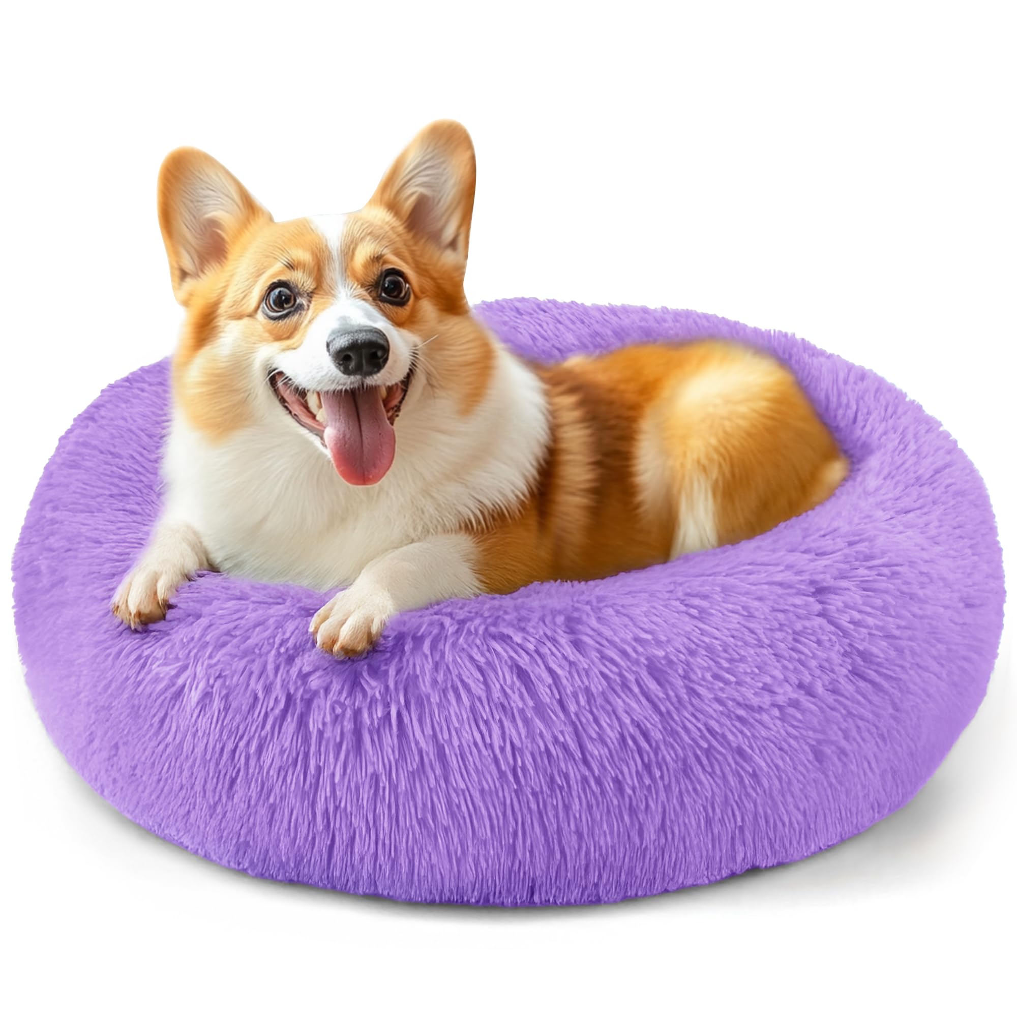 28in Large Dog Bed, Medium Size Dog and Cats, Calming Donut Bed for Puppy and Kitten, Washable Round Fluffy Pet Bed (Purple)