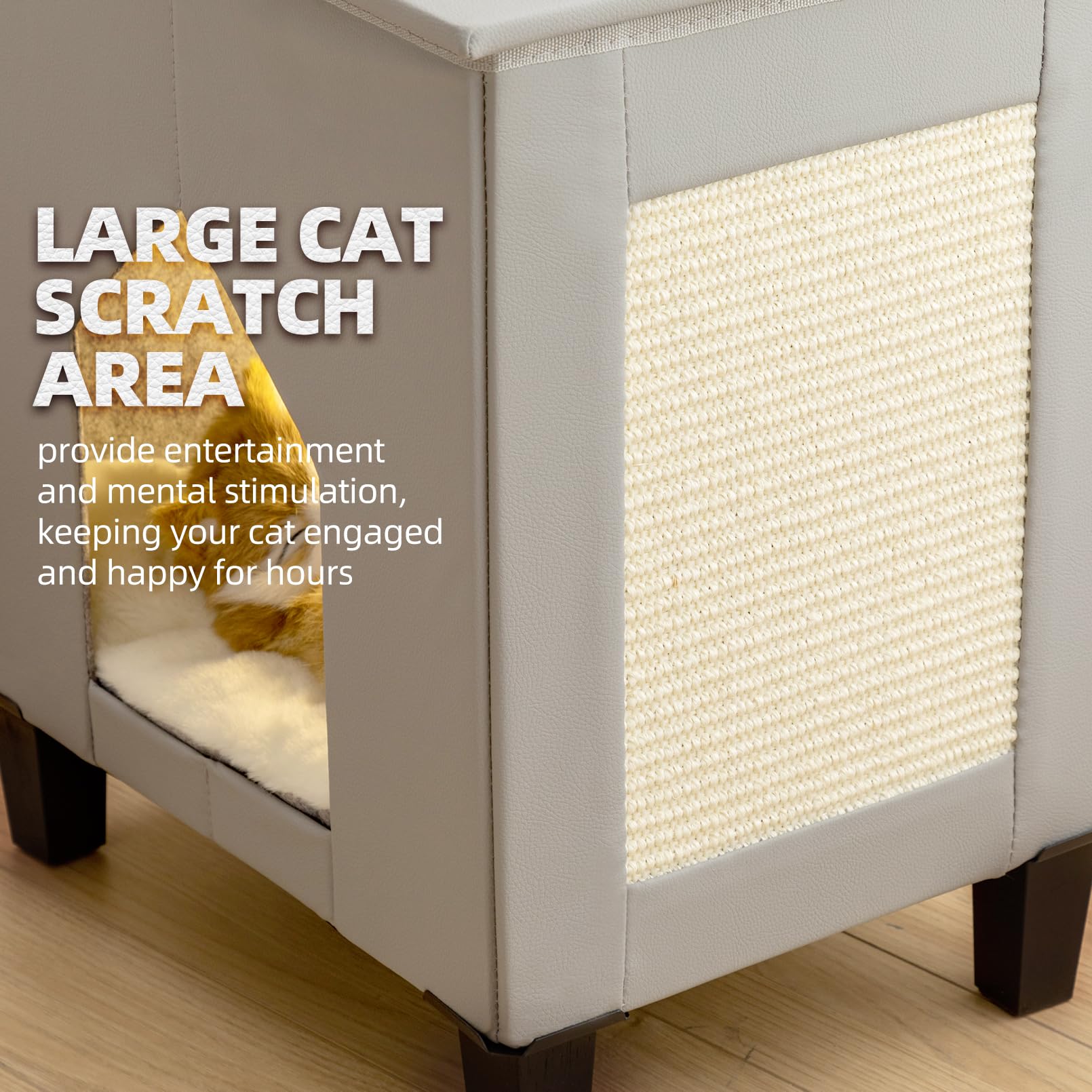 NUROMY Cat House Condo with Large Scratch Pad, Leather Bed Side Table, Grey, Model TBSS0001