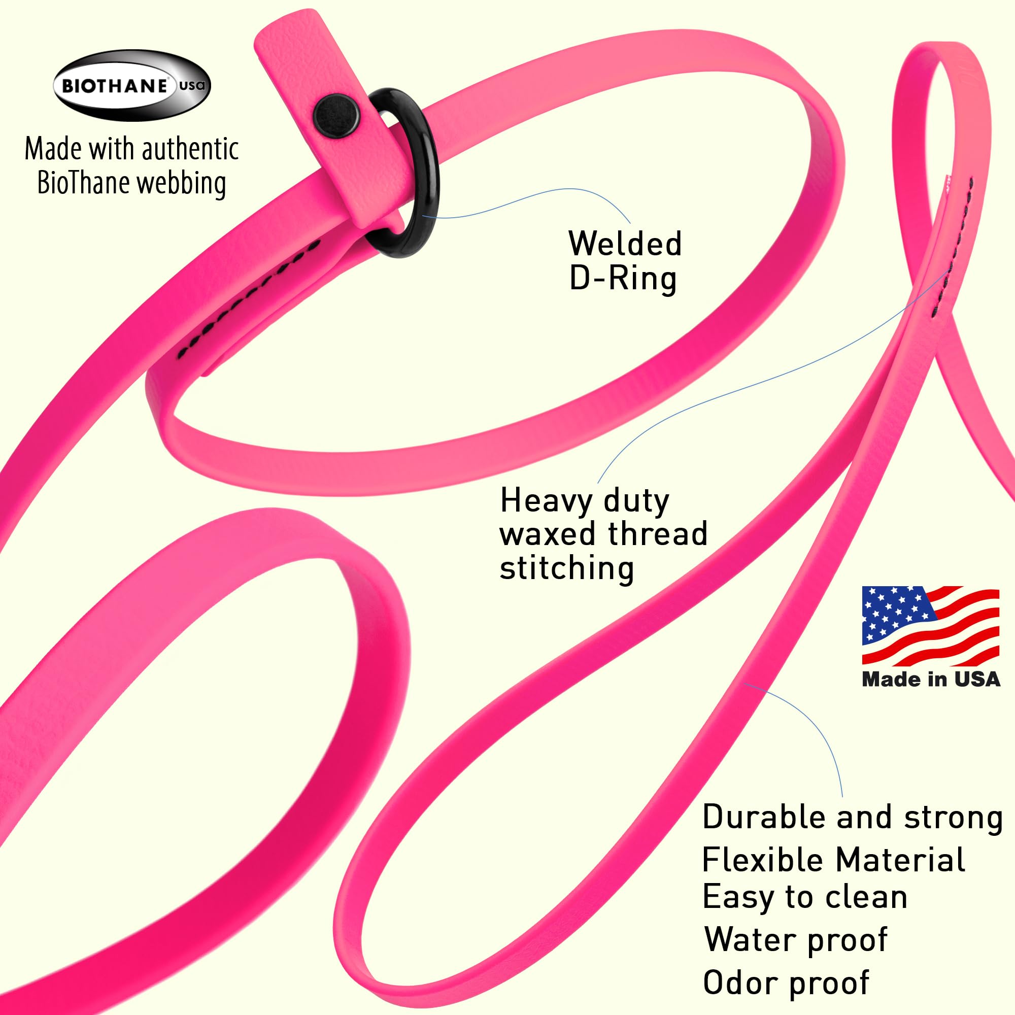 Dogline Biothane Slip Dog Leash - For Small, Medium And Large Dogs - Odor Free Slip Lead, Heavy Duty And Durable Material Kennel Lead - Passionfruit Pink - 7Ft L X 1/2In W