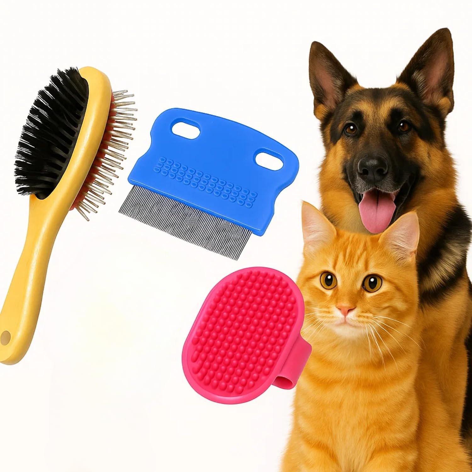 Sage Square 3 In 1 Pet Grooming Kit | Wooden Double Sided Brush For Shedding & Styling | Palm Size Flea Comb For Ticks | Rubber 