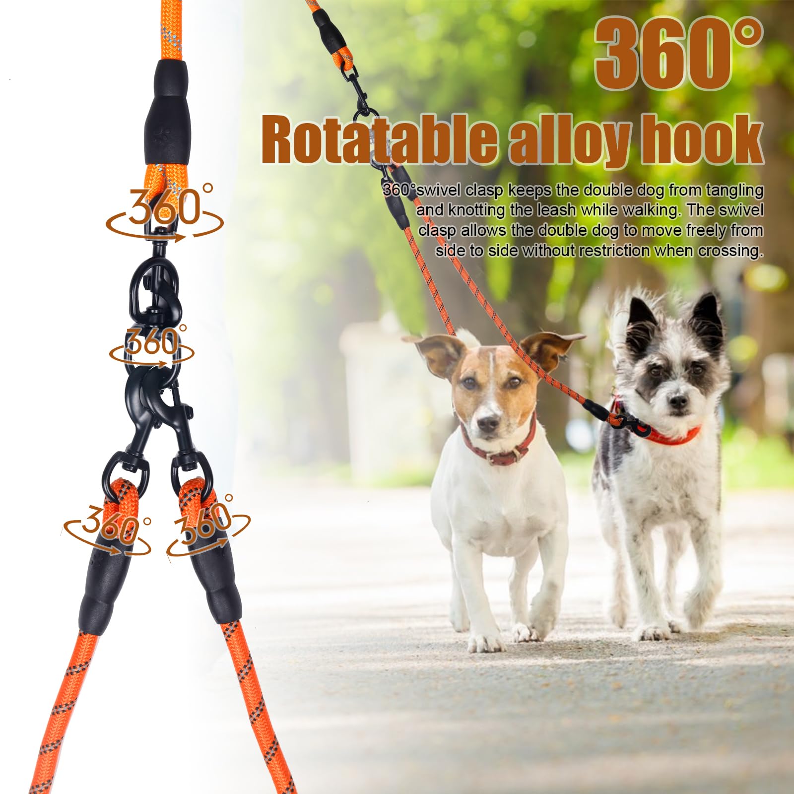 Exceptional 360 Anti-Tangle & No Pull Dog Leash - Four Handle & Reflective For Safety & Convenience - Small & Medium Dogs (Orang