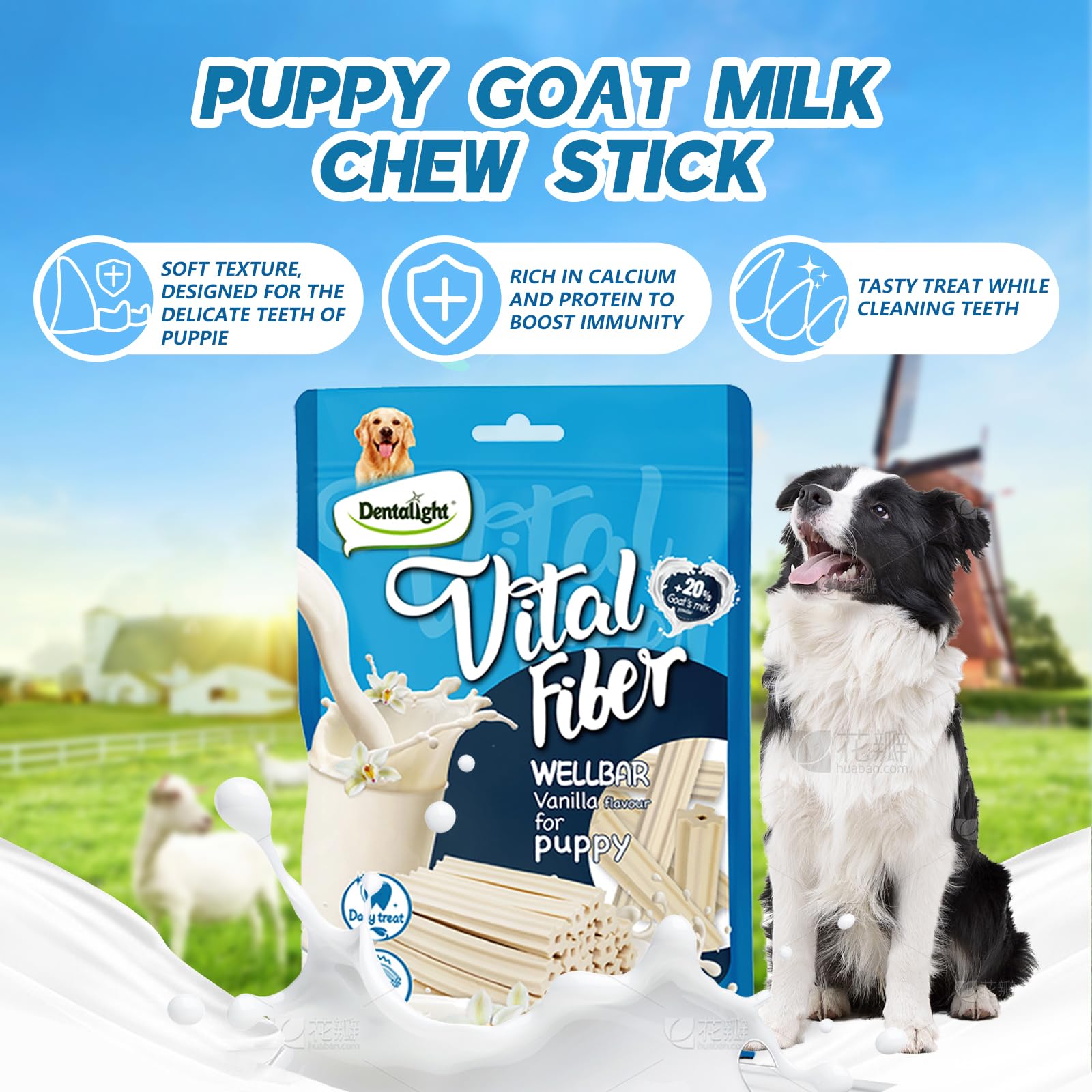 Dentalight Faywell Vital Fiber Wellbar Puppy Chew Treats, Contain Goat Milk Powder, Rich in Calcium and Protein, Soft Vanilla Te