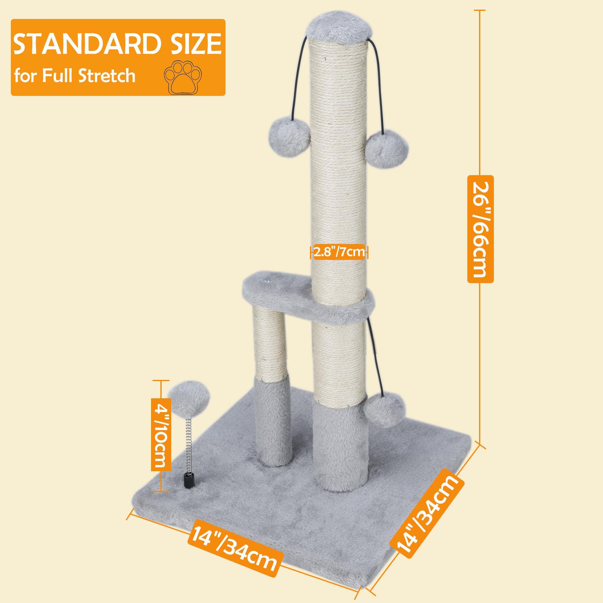 Dimaka Tall Cat Scratching Post, Double Lower Posts Extra Stable Cat Post Tree Scratcher With Sisal Rope And Teasing Balls, 4 Ba