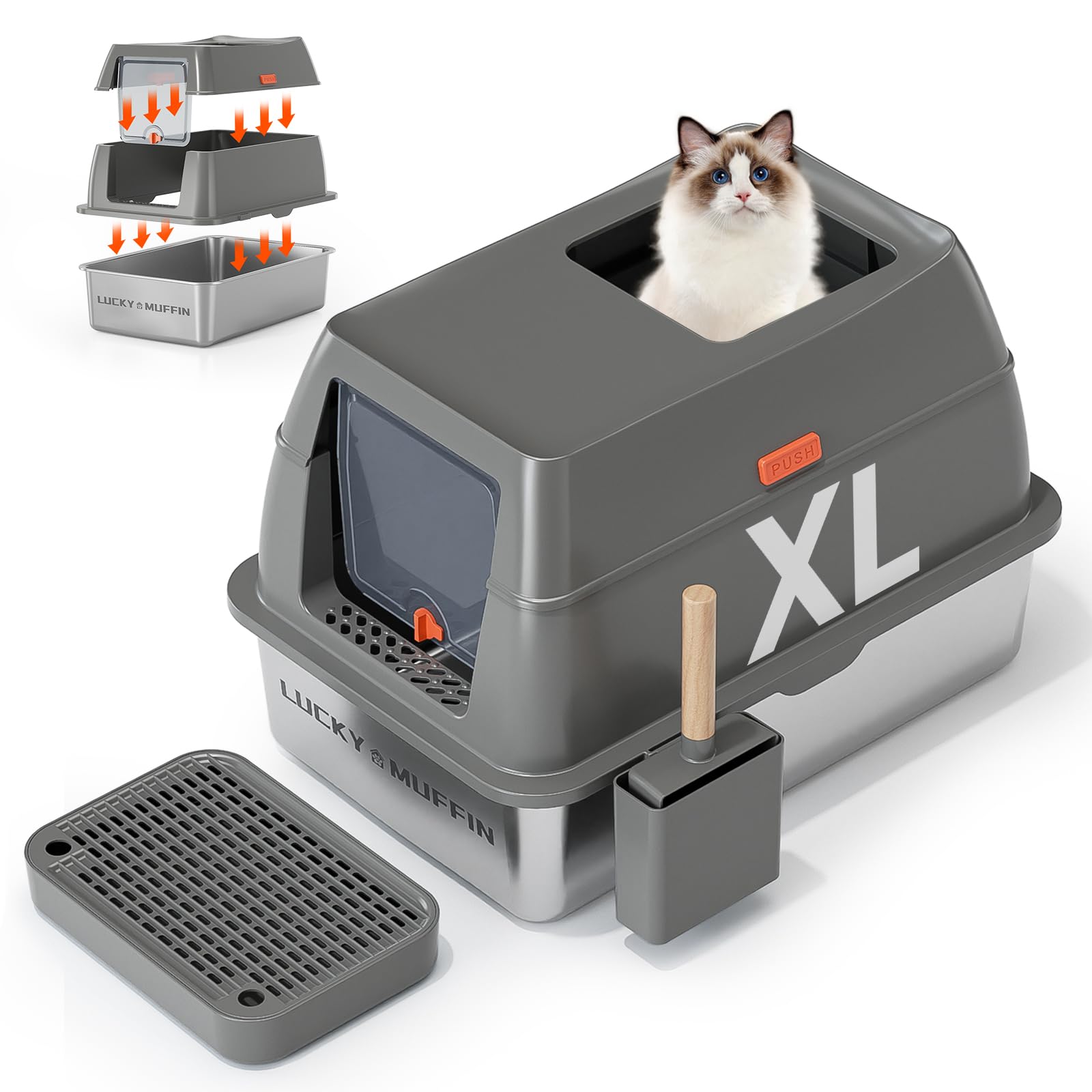 3 In 1 Premium Stainless Steel Cat Litter Box With Removable Lid, Enclosed Xl Extra Large High-Sided Metal Box For Big Kitty Wit