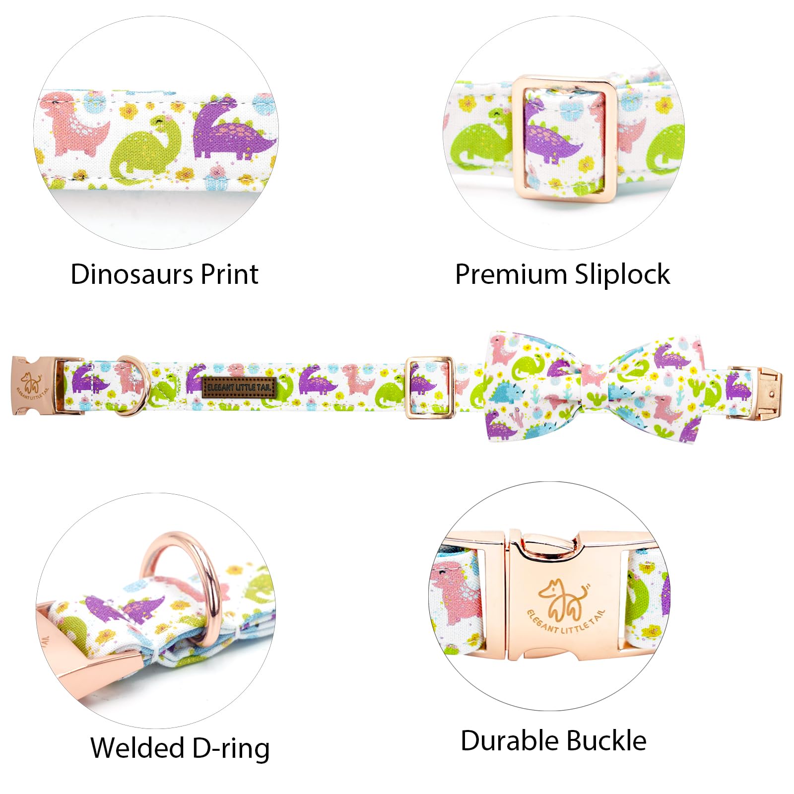 Elegant Little Tail Dog Collar- Cute Dinosaur Dog Collar With Bow For Small Puppy, Male Adjustable Cotton Summer Pet Bow Holiday