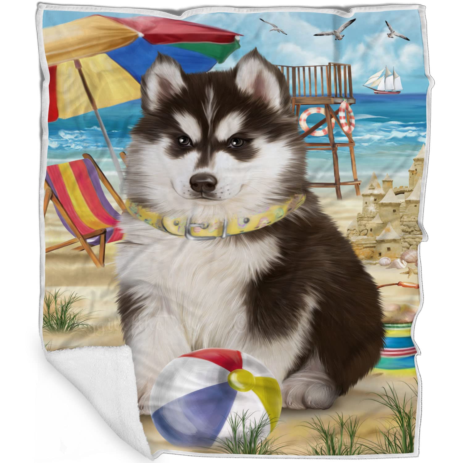 Pet Friendly Beach Siberian Husky Dog Blanket  Lightweight Super Soft Cozy and Durable Bed Blanket  Animal Theme Fuzzy Blanket