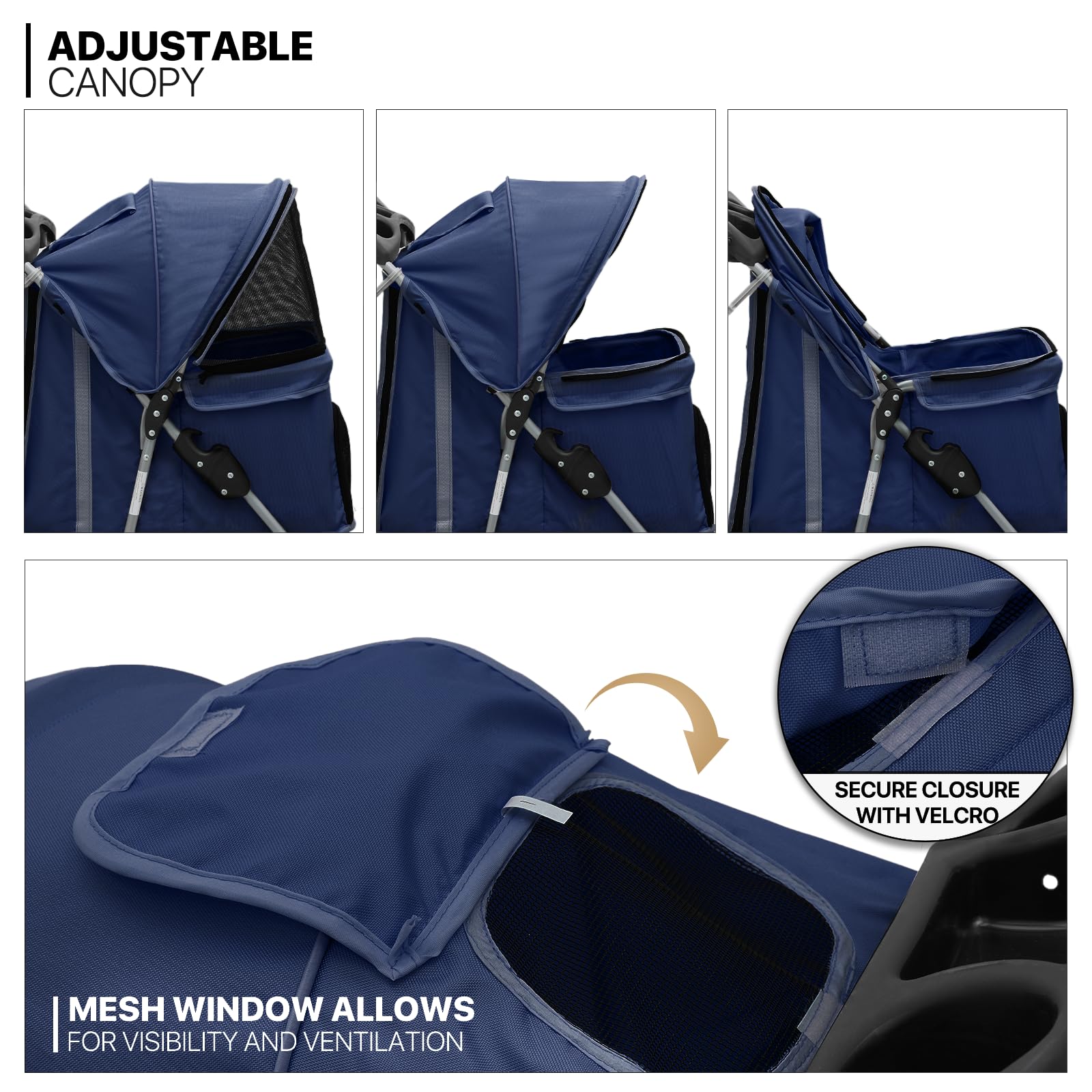 MoNiBloom Pet Stroller, Foldable Dog/Cat Jogger with Weather Cover, Storage Basket, Mesh, 13"x29"x40", Navy Blue, Model A78-PS-001-N