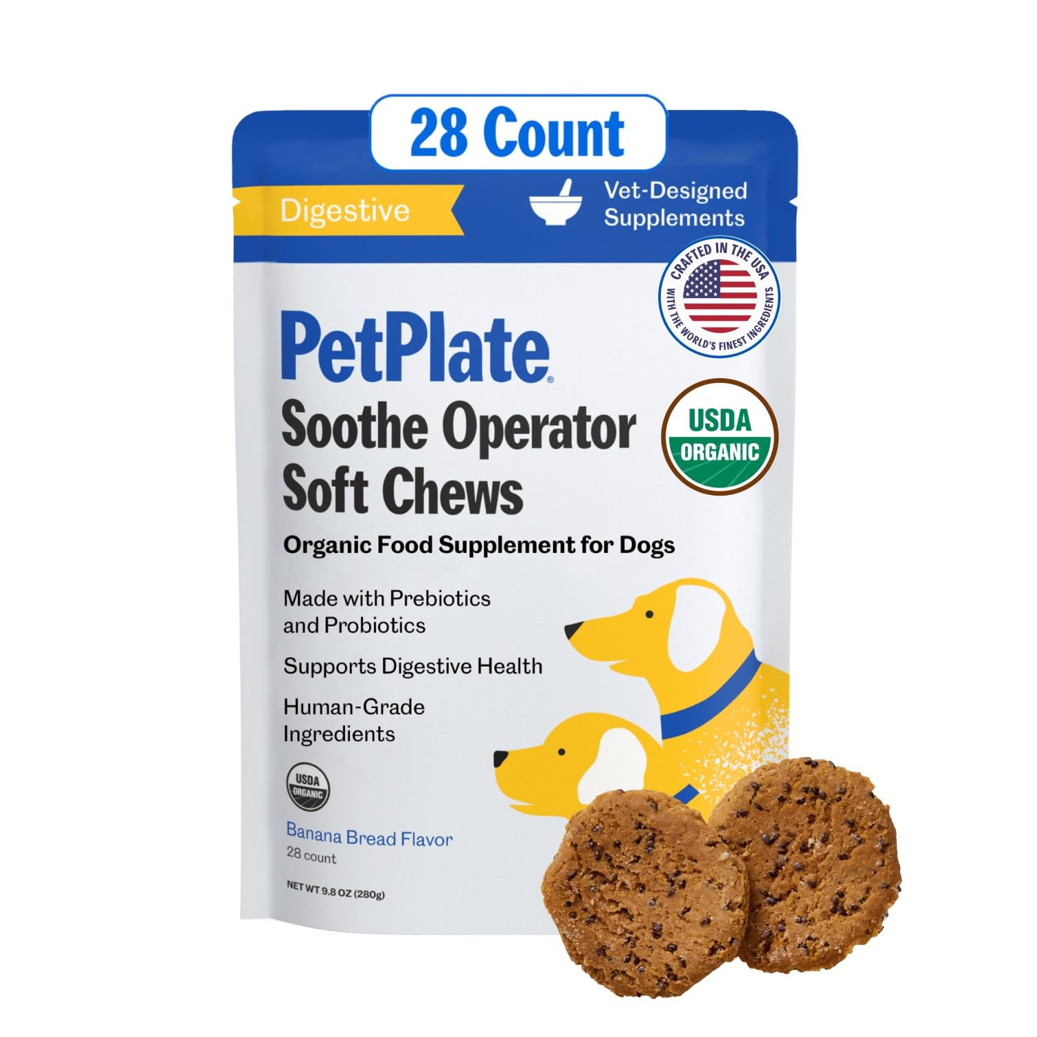 PetPlate Soothe Operater Digestive Soft Chews for Dogs, Made with Prebiotics & Probiotics, USDA Organic Supplement, Grain-Free, 