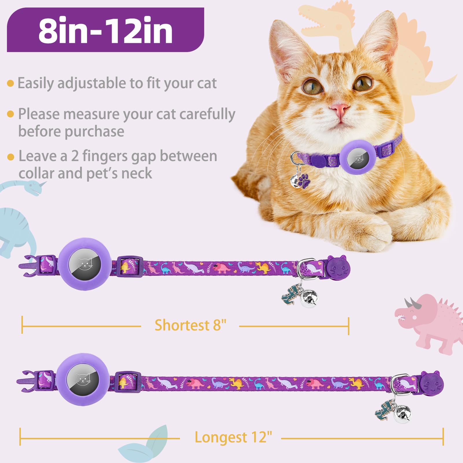 Pupteck Airtag Cat Collar Breakaway 2 Pack With Bells, Reflective Kitten Collar With Air Tag Holder For Boy Girl Kitty And Puppies, Soft, Purple