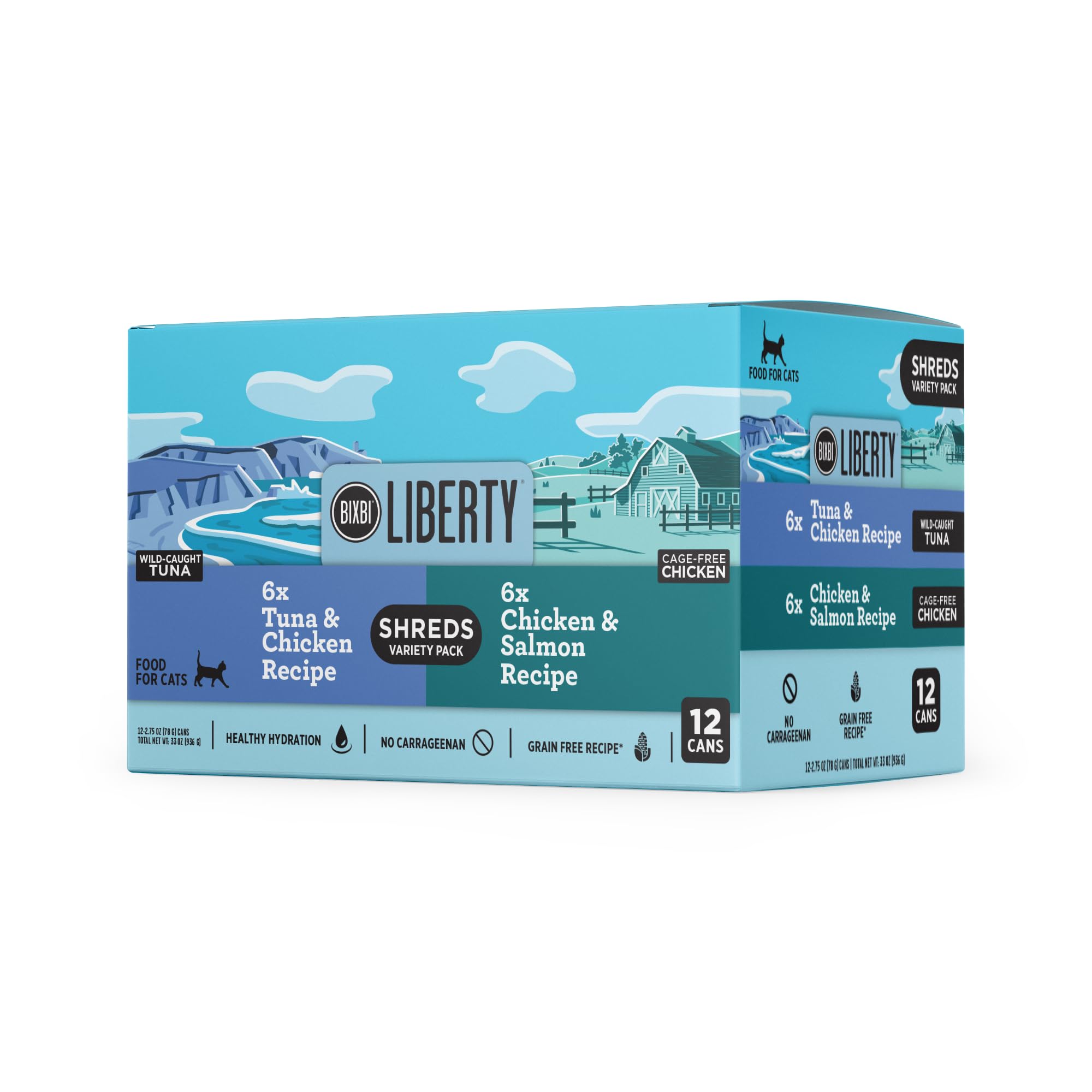 BIXBI Liberty Wet Cat Food Shreds Variety Pack Featuring Chicken/Salmon Recipe & Tuna/Chicken Recipe - (2.75 Ounce Cans, Case of