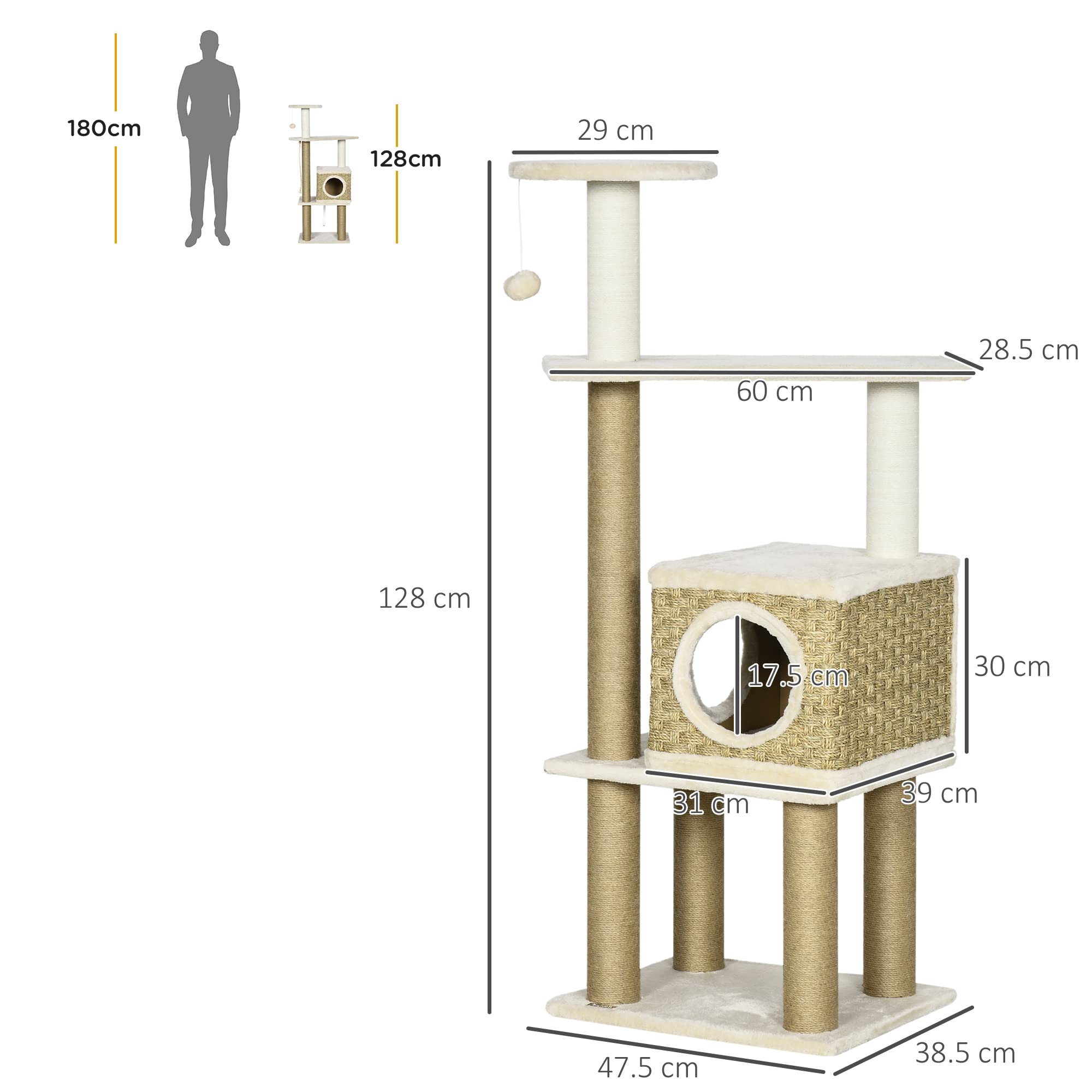 Pawhut Cat Tree Climbing Kitten Tower Activity Centre For Indoor Cats W/ Jute Scratching Post, Cat House, Kitten Stand, Hanging Toy Ball - Beige