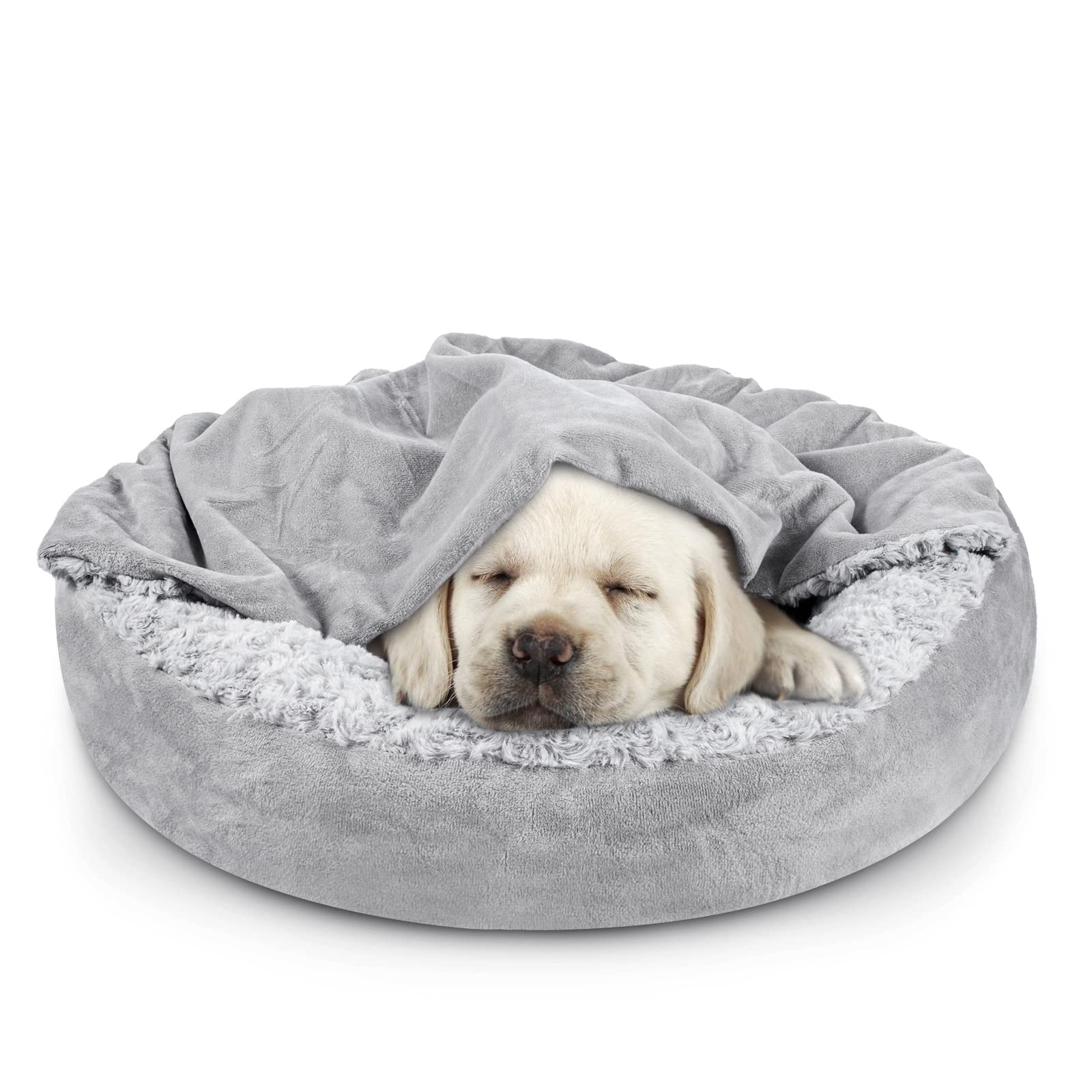 Joejoy Small Dog Bed Cat Bed With Hooded Blanket, Cozy Cuddler Luxury Puppy Pet Bed, Donut Round Calming Anti-Anxiety Dog Burrow Cave Bed - Anti-Slip Bottom And Machine Washable 23 Inch