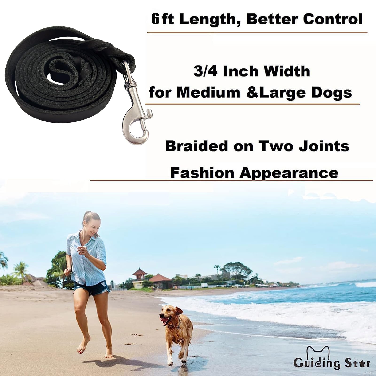 Leather Dog Leash 6Ft, Heavy Duty For Large Dogs, Soft Strong Braided Training Leash For Small Medium Large Breeds (6Ftx3/4Inch,
