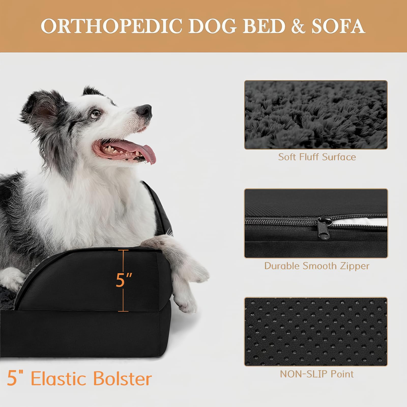 Comfort Expression Orthopedic Dog Bed, Waterproof Egg Crate Foam, 45x35 Inch, Black, Removable Bolsters, Non-Slip Bottom