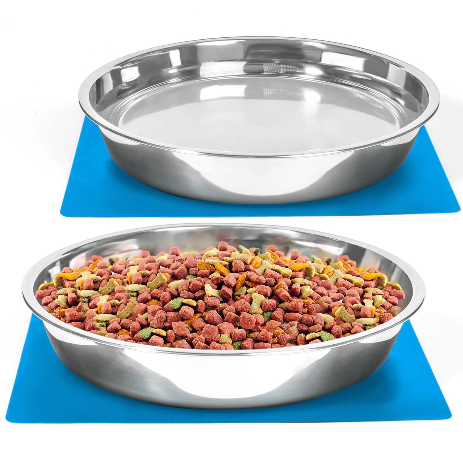 Shallow Dog Food Bowls, Non Slip Food Grade Stainless Steel Bowls for Large Dogs - 8 Cups / 2 Quart (2 Pcs)