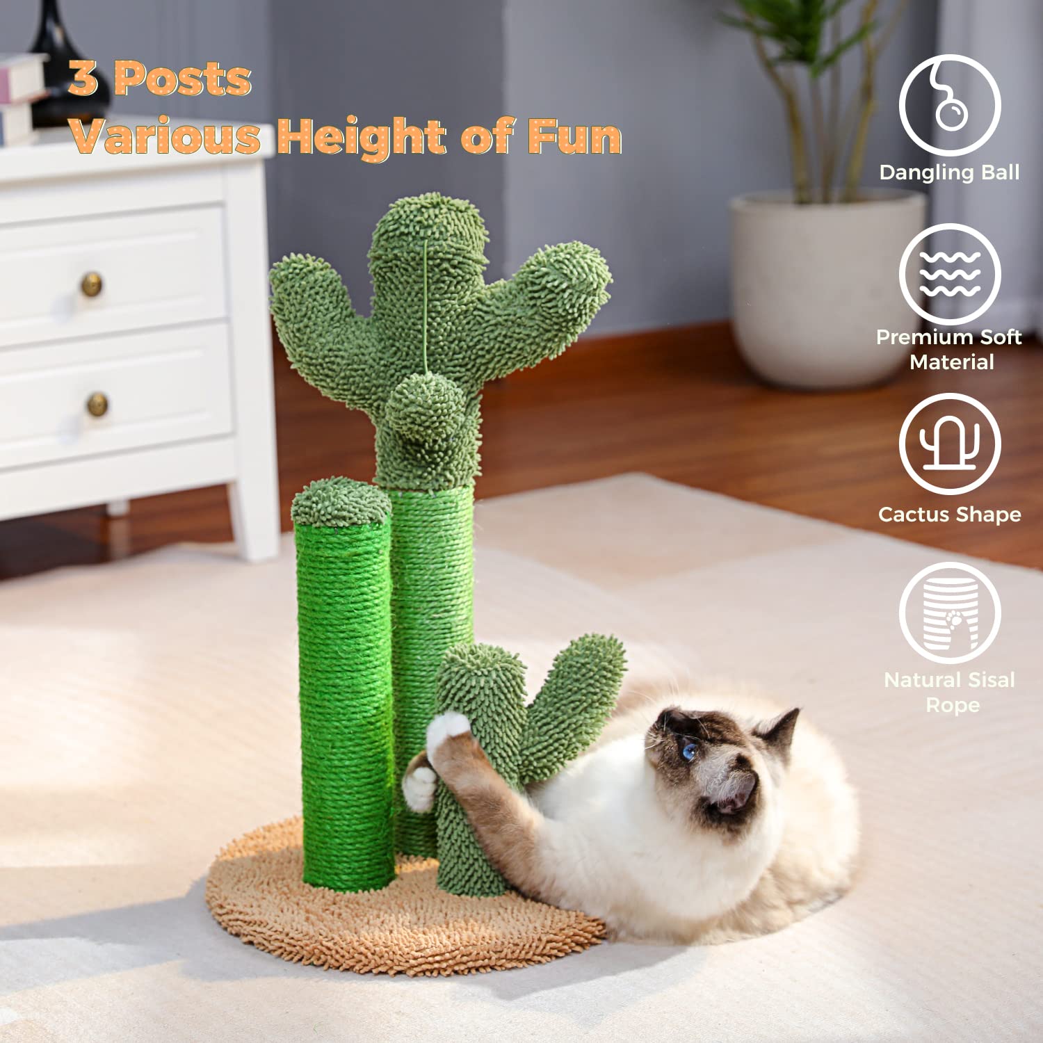 PAWZ Road Cat Scratching Post - Cactus Design with 3 Poles & Dangling Ball, Medium 23", Khaki, Engineered Wood, Model AM13-AMT0066BN