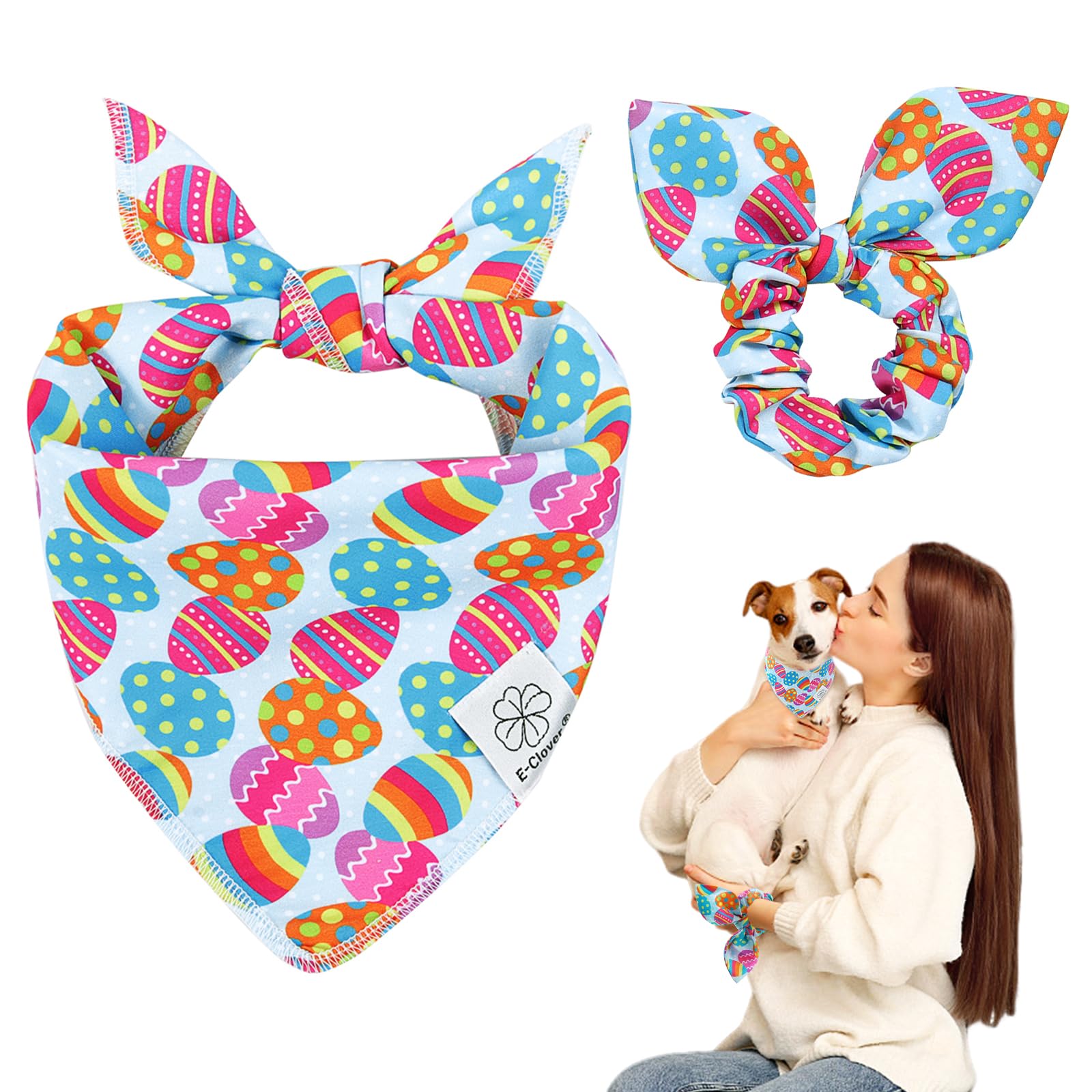 E-Clover Easter Dog Bandana & Matching Scrunchie Set Egg Dog Bandanas Scarf With Bunny Hair Tie For Small Puppy Dogs Pet Owner