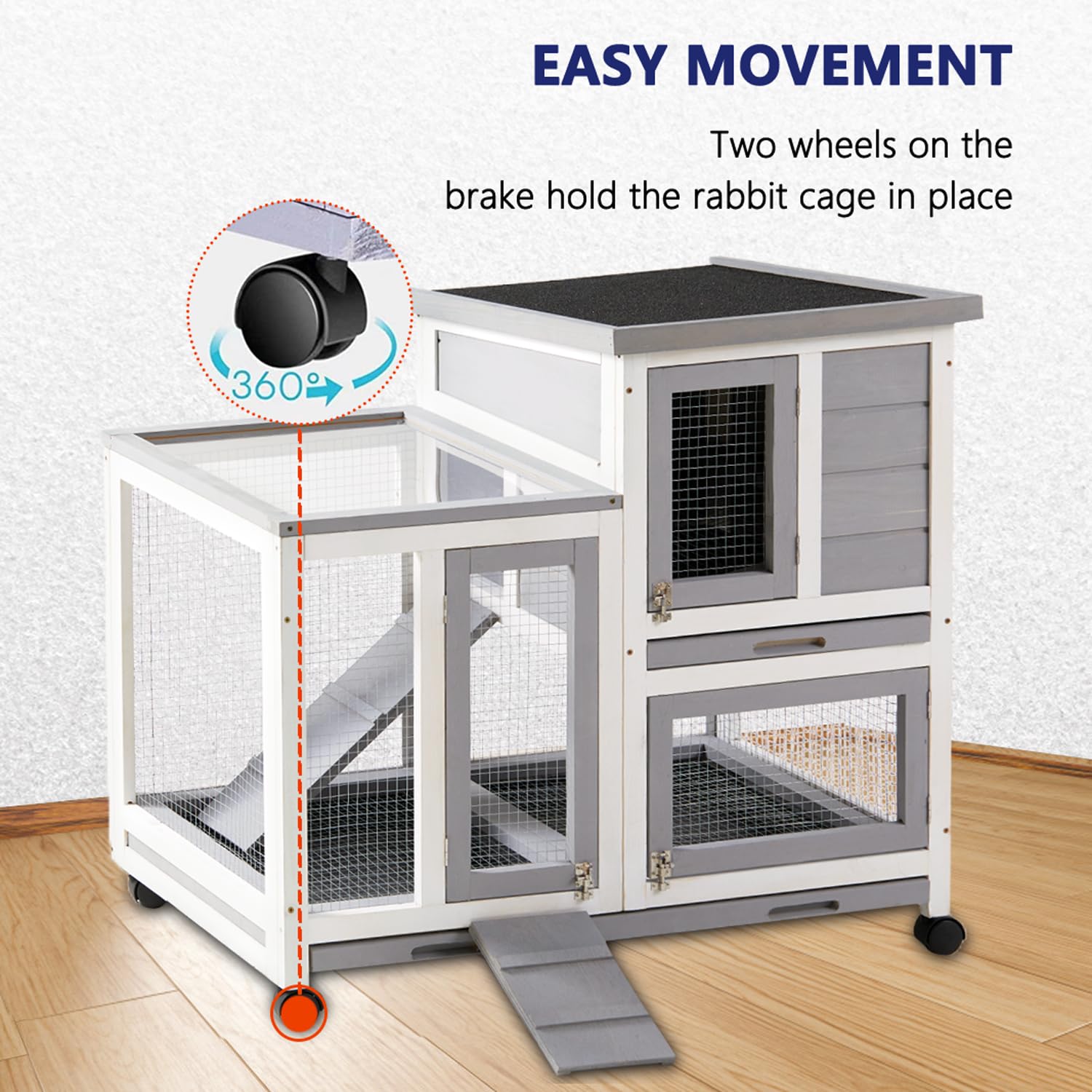 Graessa Rabbit Hutch, Indoor Rabbit Cage Two Story Bunny Hutch With Wheels Guinea Pig Cages With Removable No Leaking Tray, Ramp