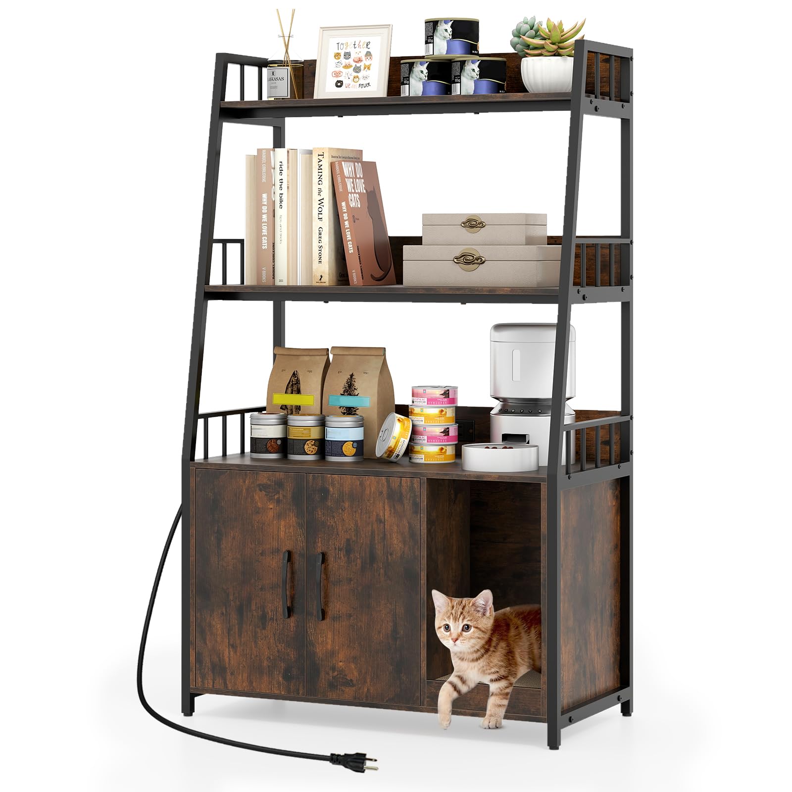 PETSITE Cat Litter Box Enclosure with Storage Shelves, 52 Inches Tall Hidden Litter Box with Charging Station, Scratching Board,
