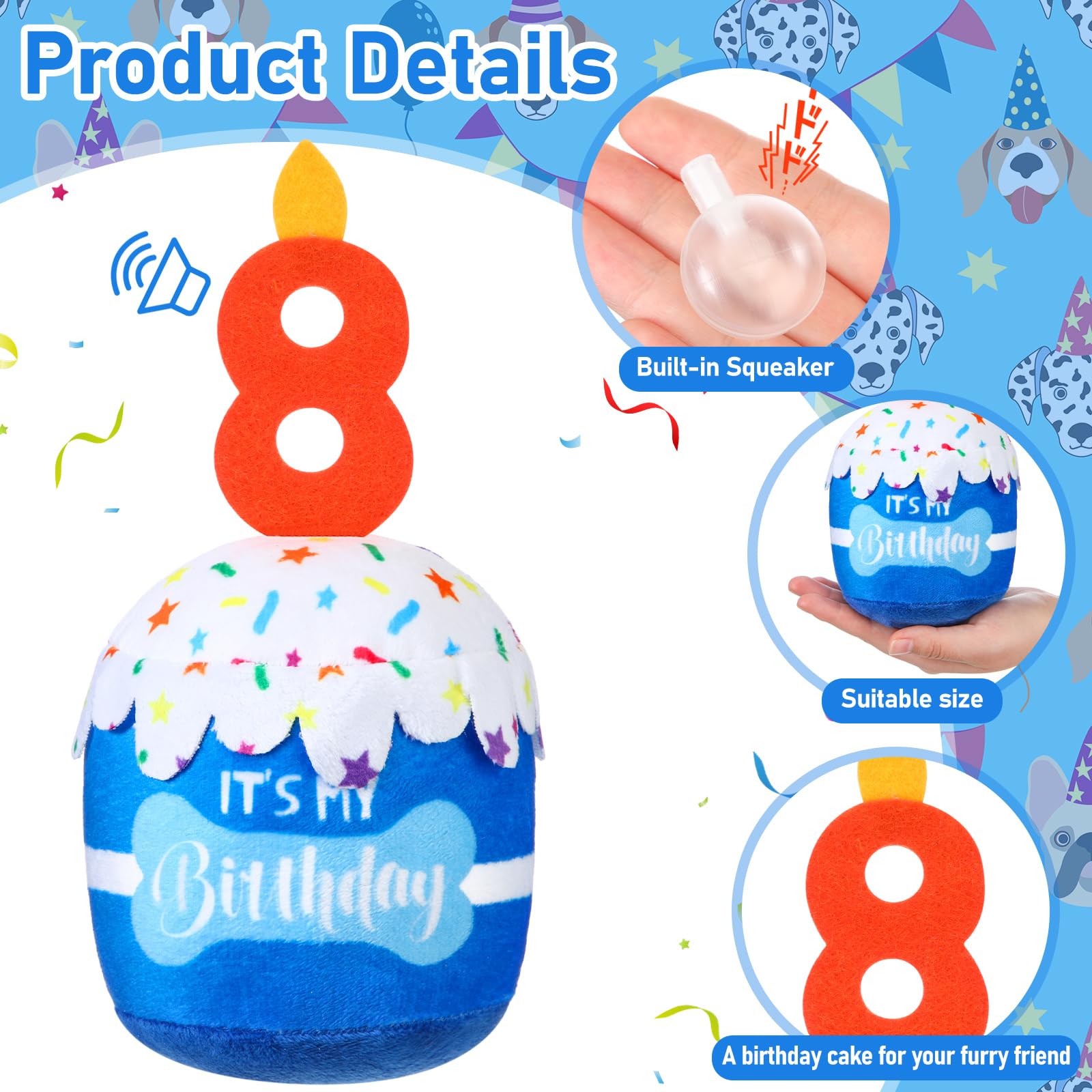 Dansydaisy Dog 8Th Birthday Cake Toy Accessories For Girl Boy Gifts, Blue Squeaky Plush Toy For Dog Birthday Party Decor Favor F
