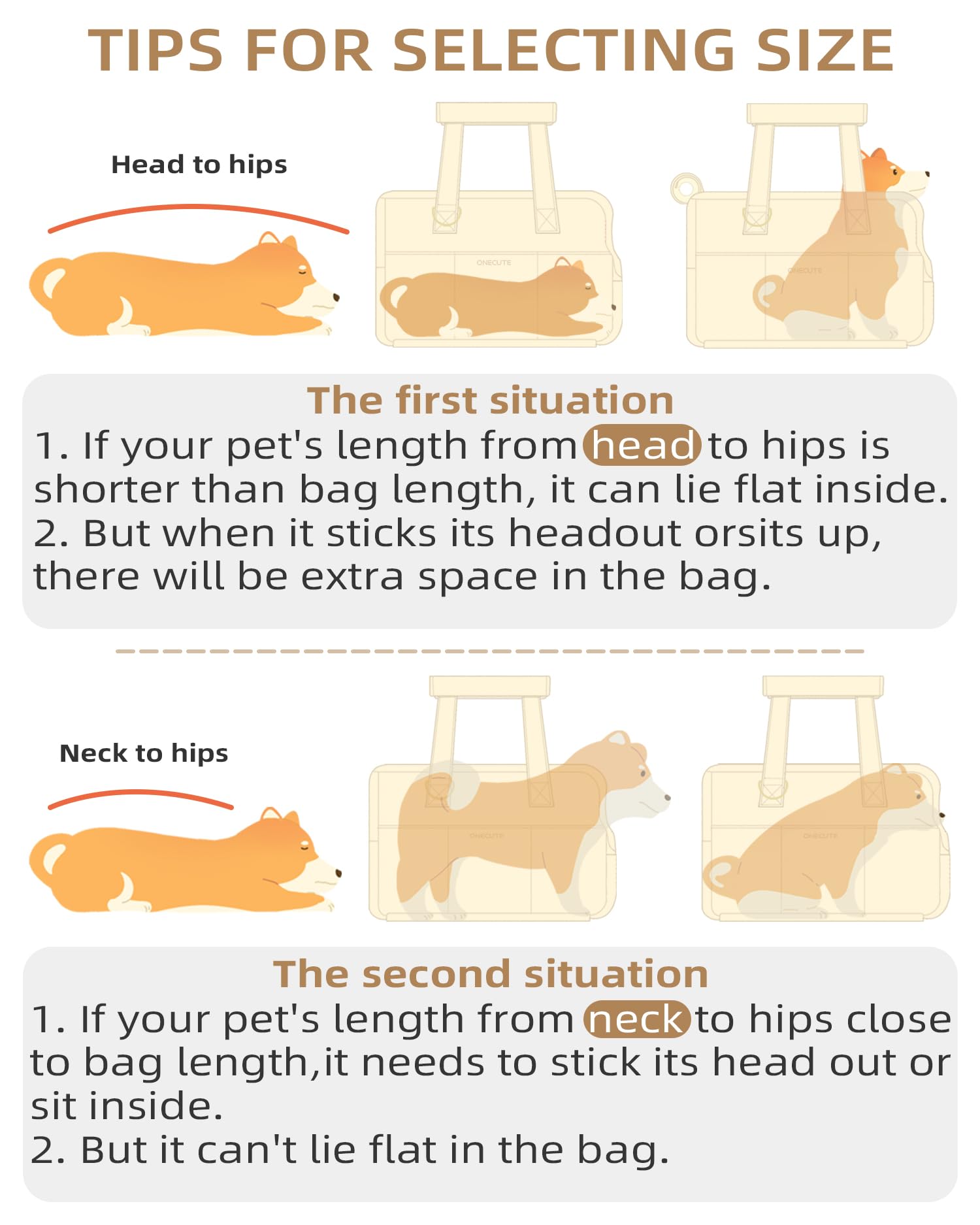 ONECUTE Dog Carrier for Small Dogs, Cotton Soft-Sided Bag, Grey, 17" L x 7.5" W x 12" H, Model C01-US, Collapsible