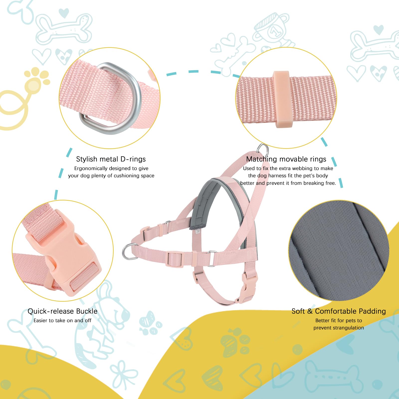 Wisedog No Pull Dog Harness - Adjustable Webbing Dog Halter Harness With Reflective Soft Padded For Large Dogs(Gossamer Pink, Xs