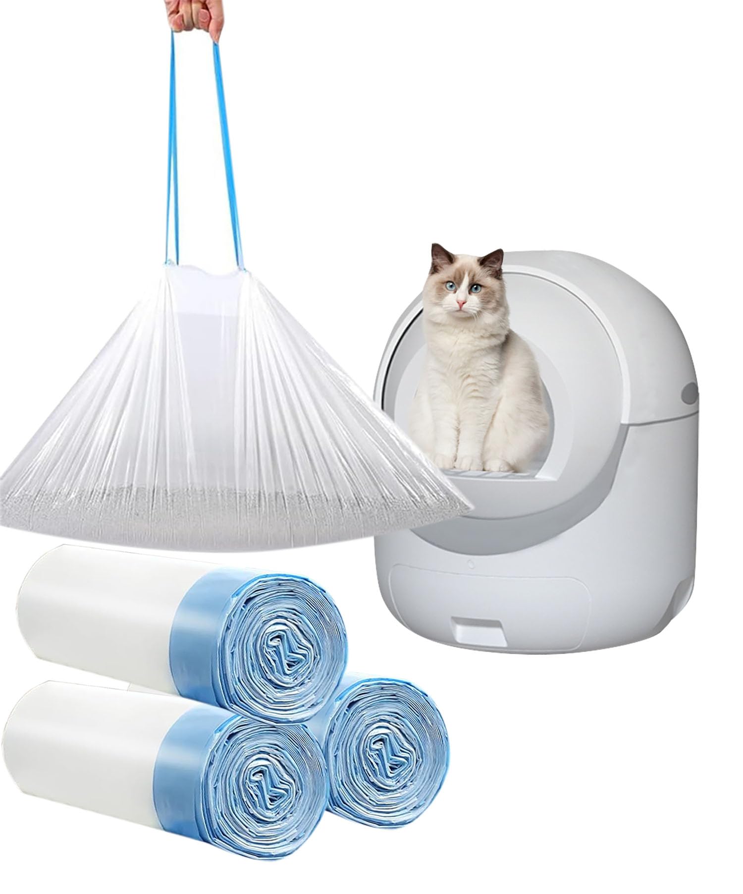 60 Count Cat Drawstring Litter Box Liners 26.6x16.7 inches 2Mils Super Thick White Cat Litter Waste Bags Poop Bags for Self-Clea