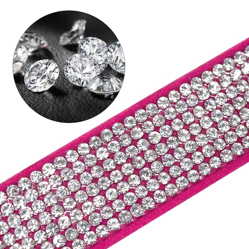 Beirui Rhinestone Bling Leather Dog Collar And Leash Set - Soft Flocking Sparkly Crystal Diamonds Studded - Cute Double Bowknot Collar With 4 Foot Leash For Pet Show,Hot Pink,Neck Fit 10-12.5'