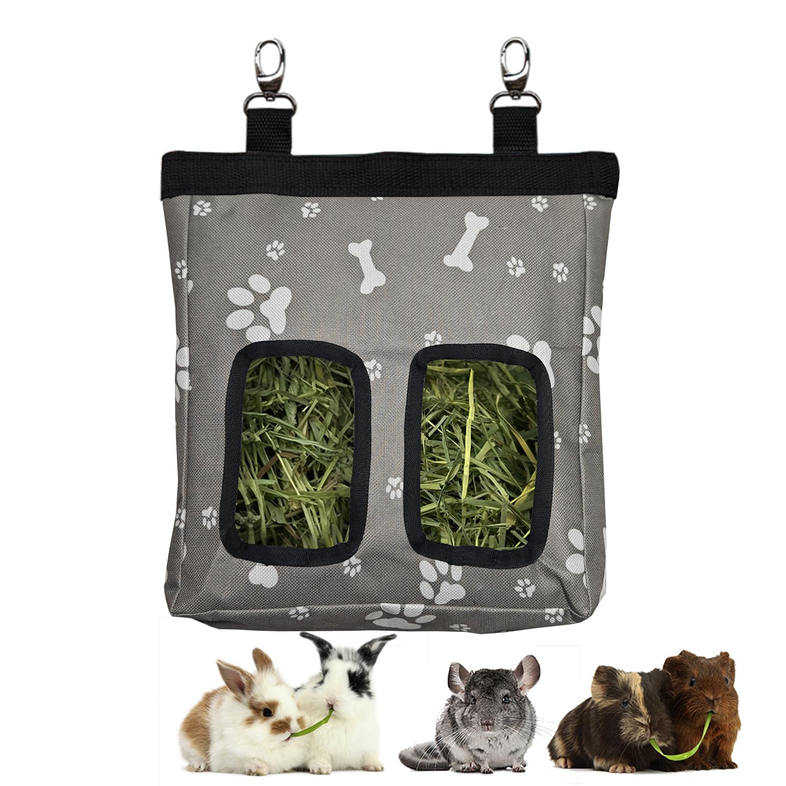 Guinea Pig Hay Feeder, Hanging Rabbit Hay Feeder Bag for Guinea Pigs Bunnies Chinchillas. Graybones