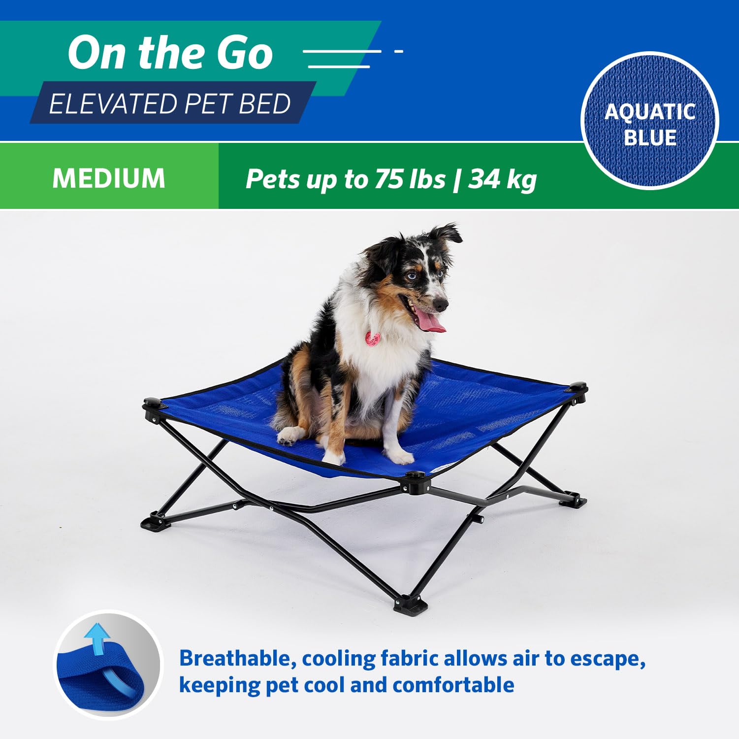 Coolaroo On The Go Pet Bed - Aquatic Blue - Medium (30'' 30'')