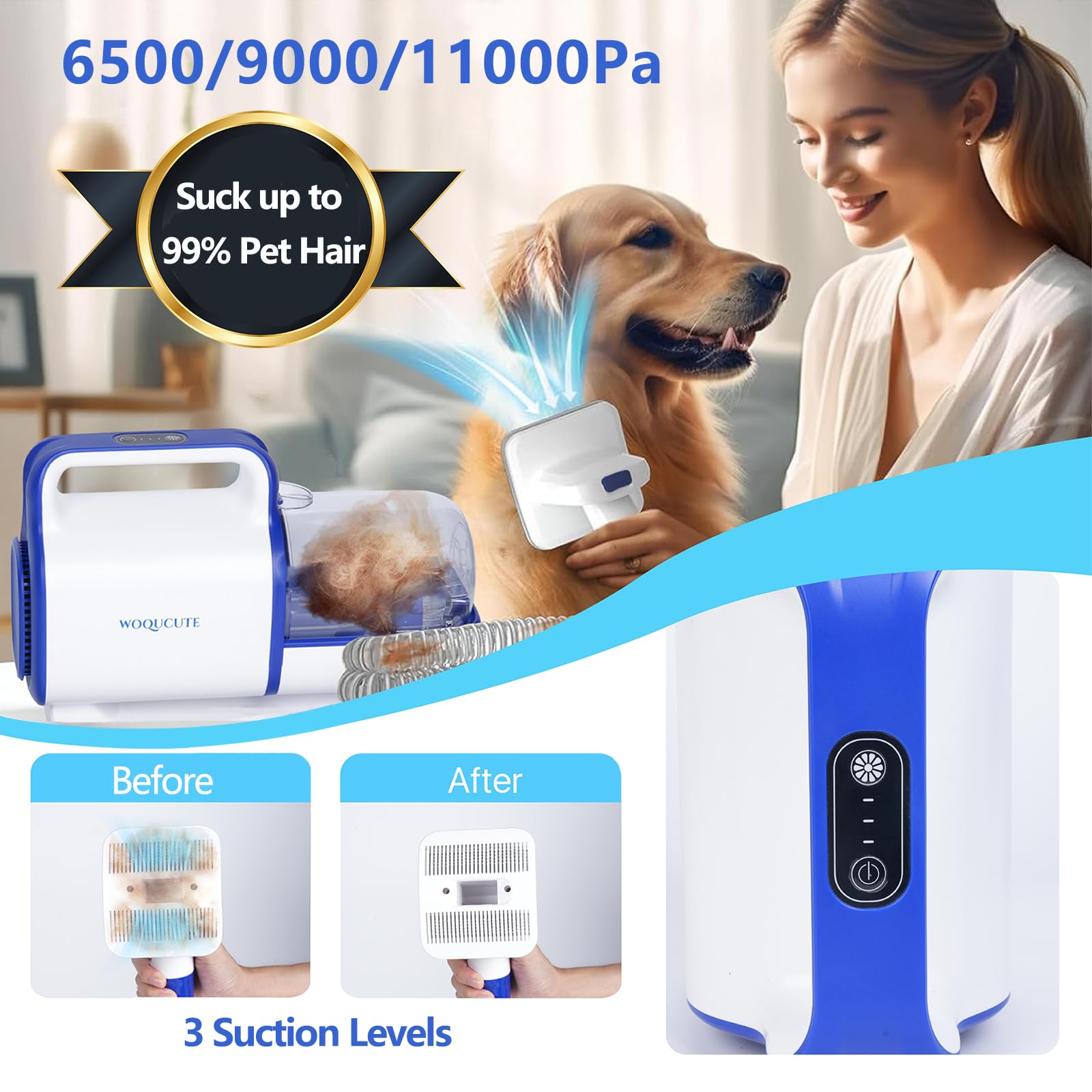 Woqucute Cordless Dog Grooming Vacuum Kit, 11000Pa Dog Vacuum For Shedding Grooming With Clipper, Trimmer, Nail Grinder, Low Noi