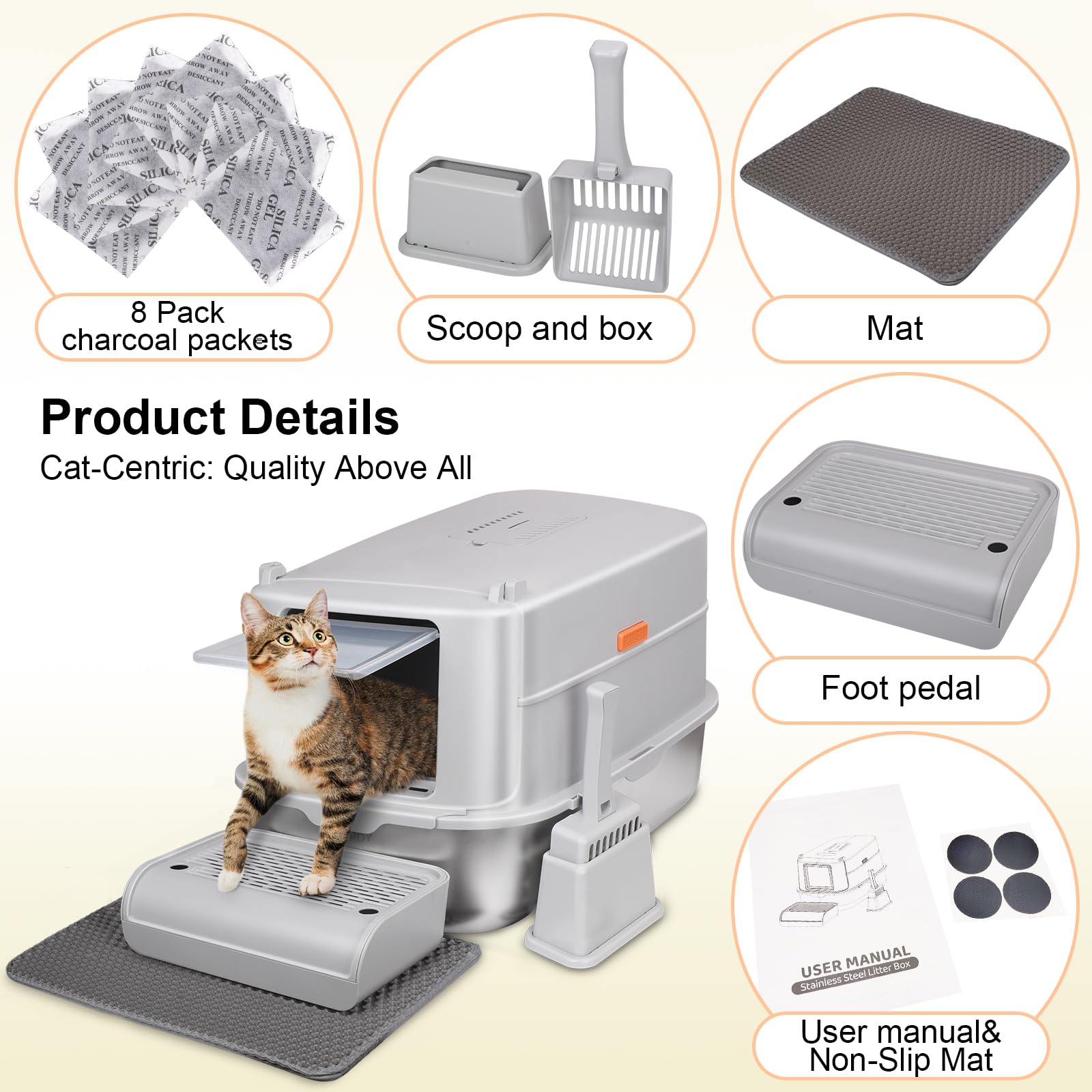 Elegx Odor-Control Stainless Steel Cat Litter Box,Xl Large 4-In-1 Cat Metal Litter Box Set,Enclosed Removable Metal Litter Box W