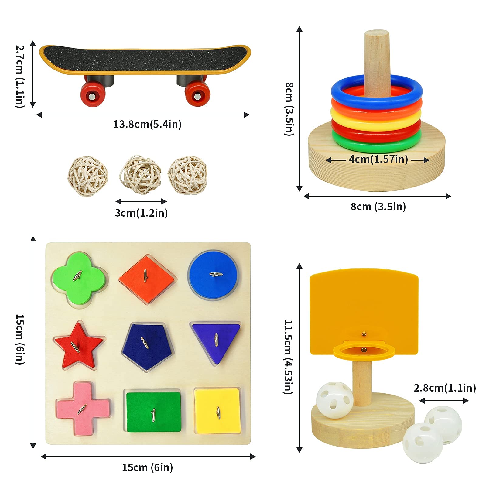 Bird Toys For Parakeets,5pcs Parrot Toys Set (Include Bird Basketball Toy?Bird Skateboard?Bird Stacking Toy?Parrot Wooden Block