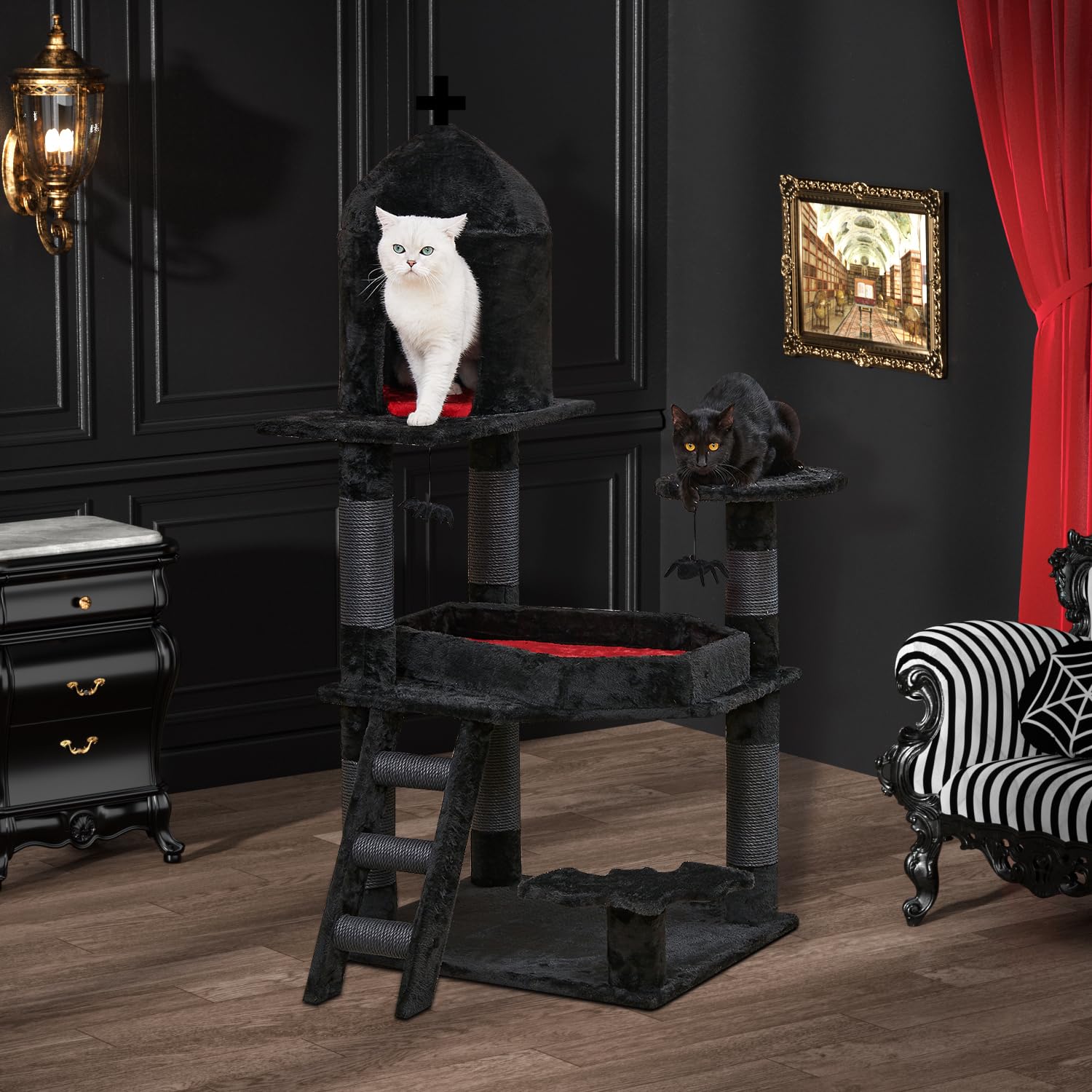 Yaruomy Gothic Cat Tree With Coffin Bed,55' Cat Tower With Spacious Cat Condo,Scratching Posts,Spider Hanging Ball,Multi-Level Cat Activities Furniture For Large Cats, Black Halloween