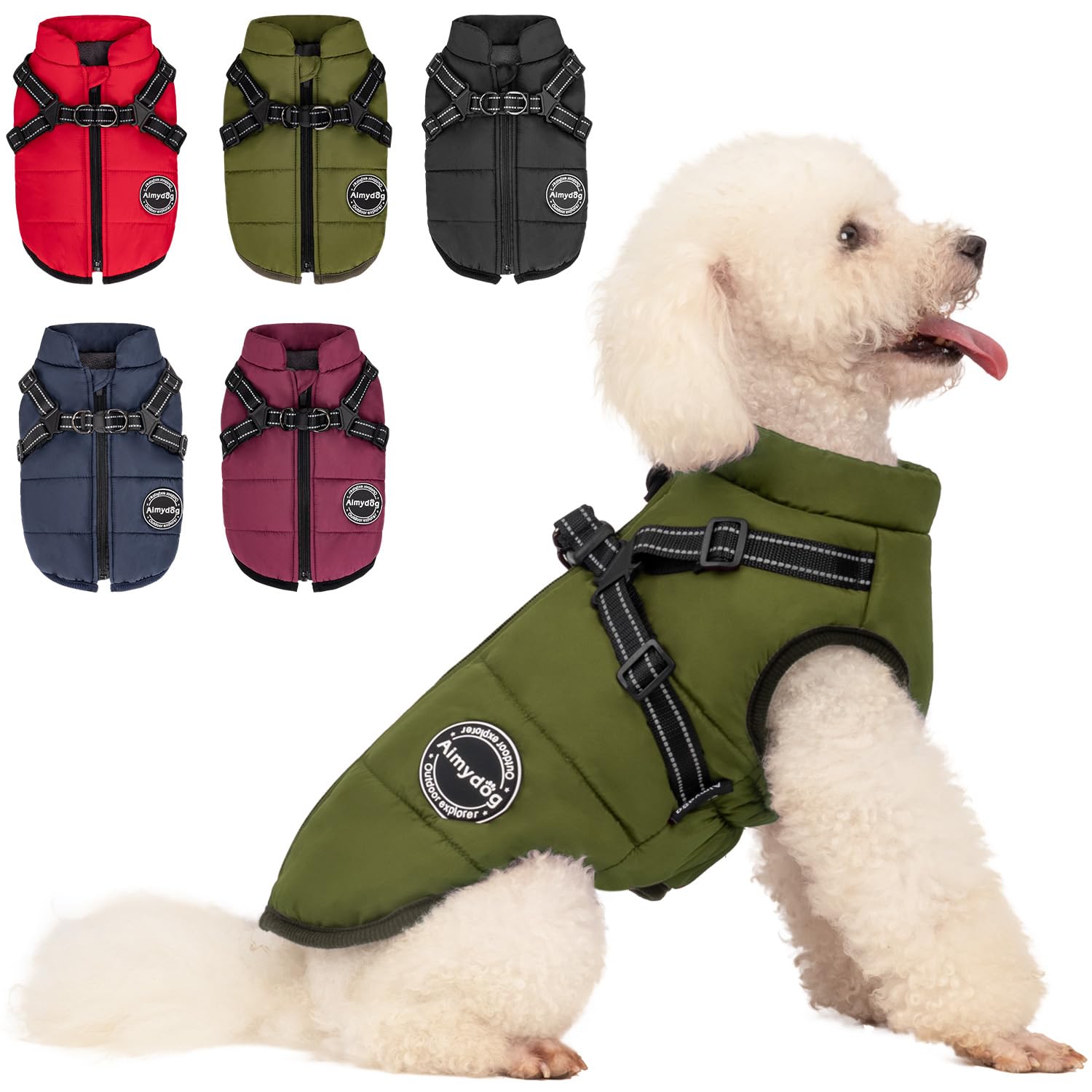 AIMYDOG Dog Winter Coat, Warm Dog Jacket Reflective Adjustable Dog Fleece Vest with Harness Built in, Waterproof Windproof Dog S