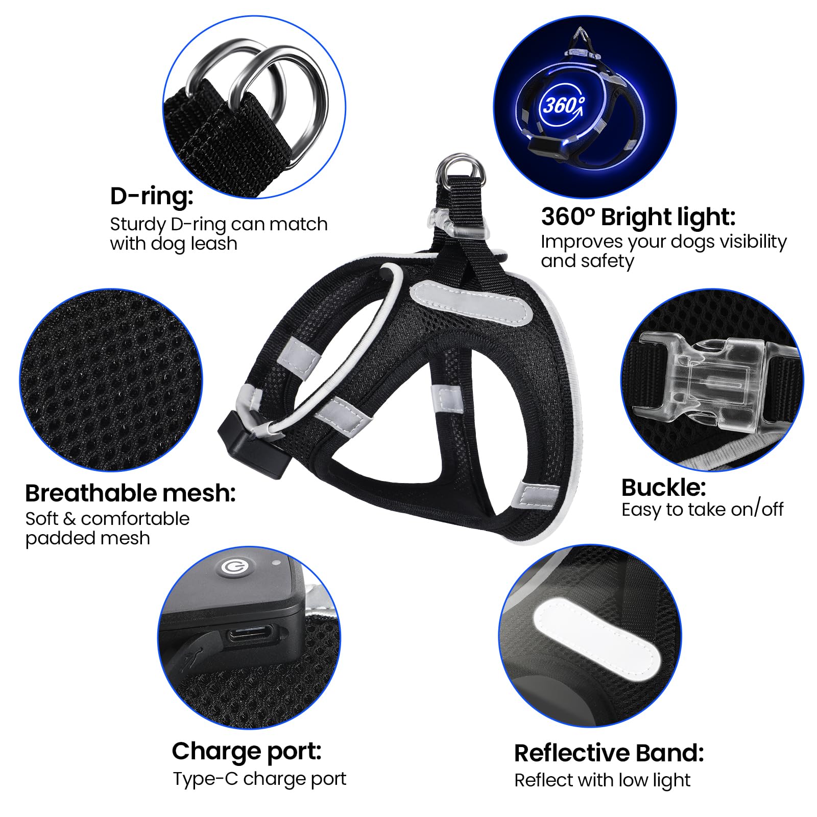 PcEoTllar LED Dog Harness - Rechargeable, Reflective, No Pull, XS, Blue