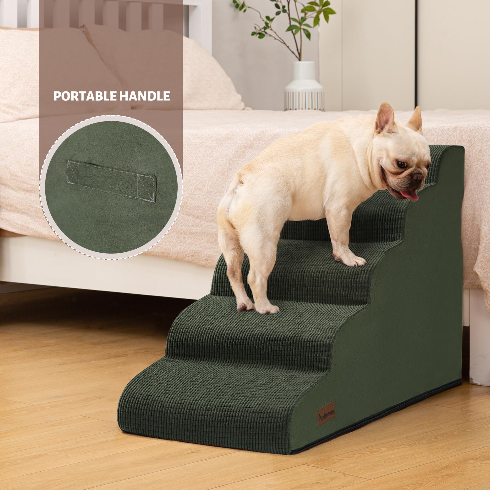 Aodisman 5-Step Dog Stairs and Ramp for High Bed, Non-Slip Sturdy Pet Steps for Small Dogs and Cats,22.2 H,Green