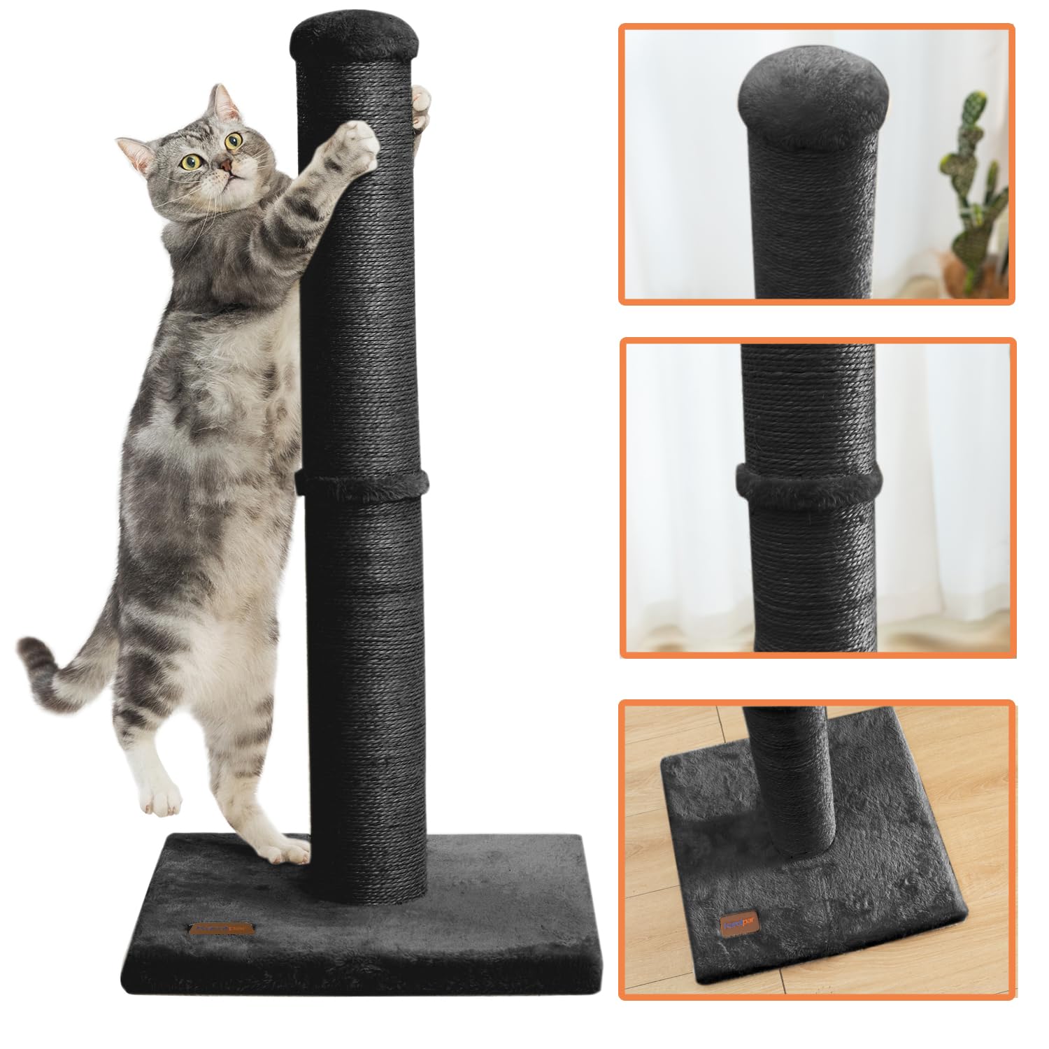 Karolpar 34" Cat Scratching Post, Large Diameter 4.3", Natural Sisal Rope, Engineered Wood, Black - Model YY101-BK