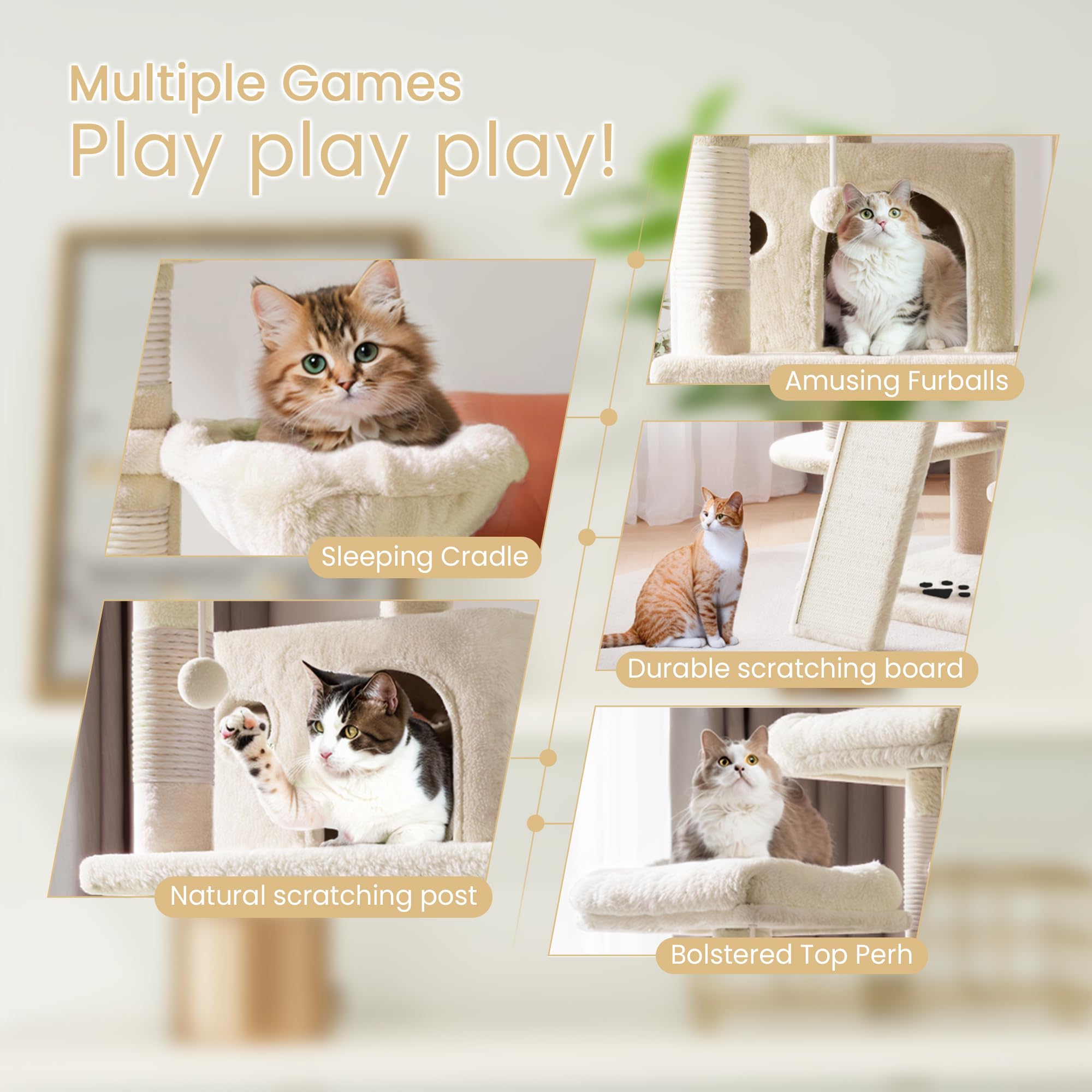 Sha Cerlin 68 Inches Multi-Level Large Cat Tree For Large Kitties/Big Cat Tower With Condo/Cozy Plush ‌Pussycat Perches/Sisal Scratching Posts And Hammocks/Activity Center/Beige
