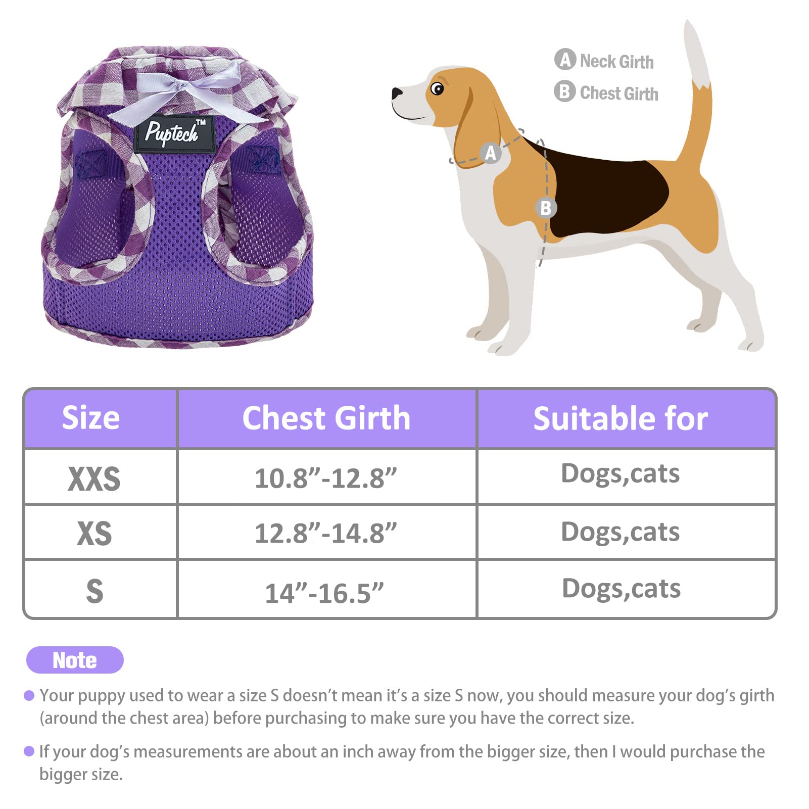 Pupteck Small Dog Harness No Pull Step-In Puppy Cat Harness Soft Mesh For Girls, Purple Xxs