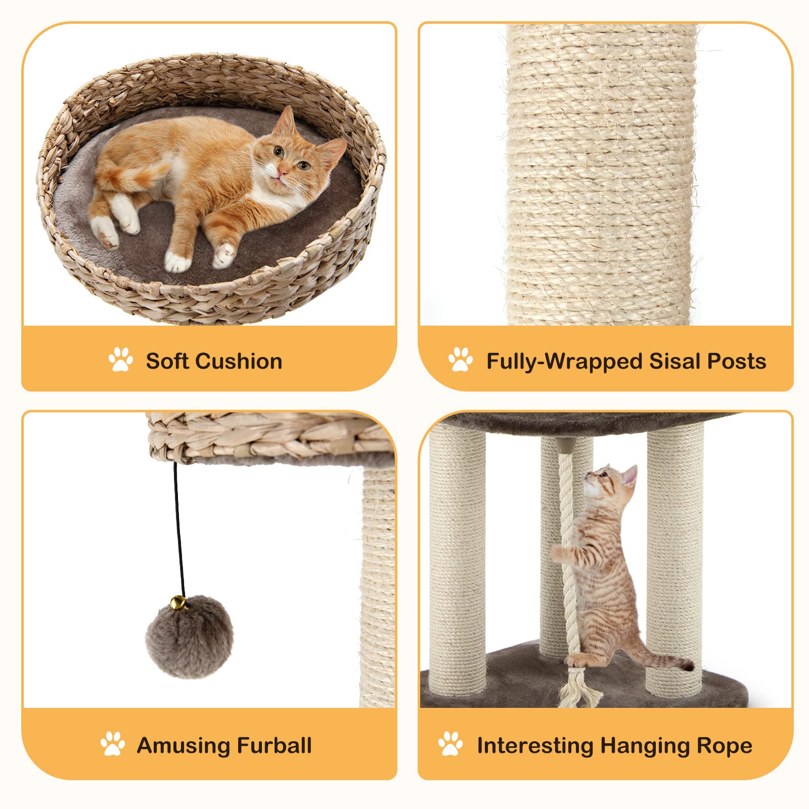 Petsite 41 Inch Modern Cat Tree For Indoor Cats, Multi-Level Cat Tower With Scratching Posts, Hand-Made Wicker Cat Condo & Top P