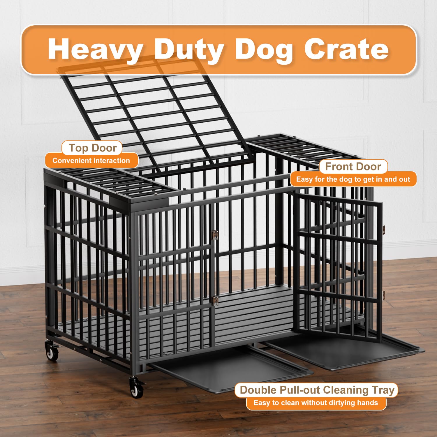 Hmhtct 54 Inch Heavy Duty Dog Crate With Wheels,Indestructible Escape-Proof Dog Kennel With Locking Latch And Double Door,Extra