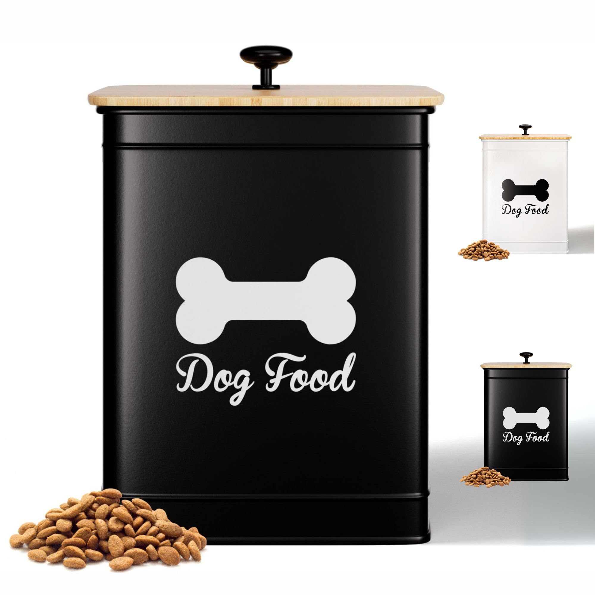 Dog Food Container Airtight 5-10 lb (25 Cup) Capacity - Cute Airtight Dog Food Storage Container with Bamboo Lid & Sturdy Metal 