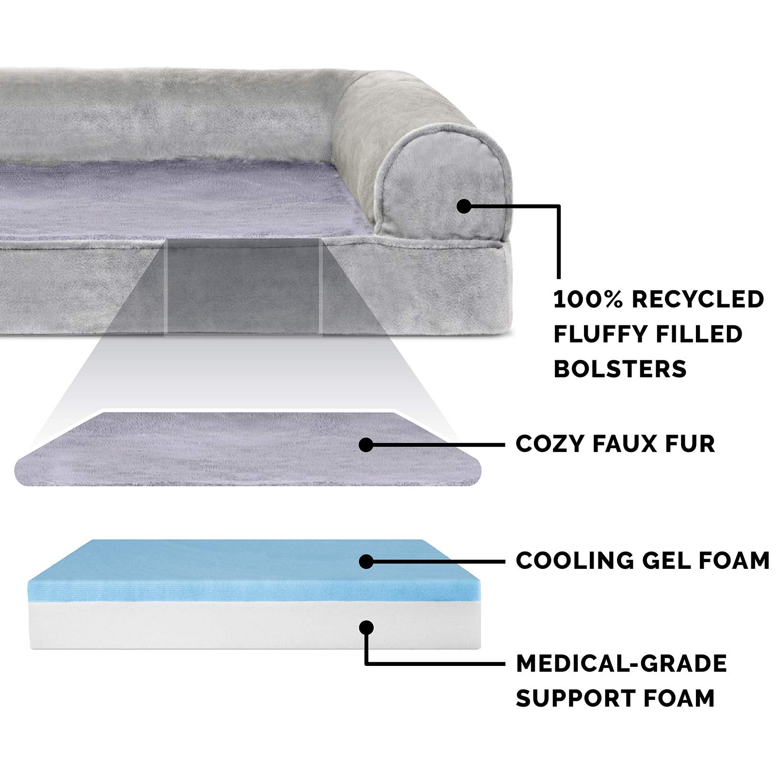 Furhaven Cooling Gel Dog Bed for Large Dogs w/ Removable Bolsters & Washable Cover, For Dogs Up to 95 lbs - Faux Fur & Velvet So