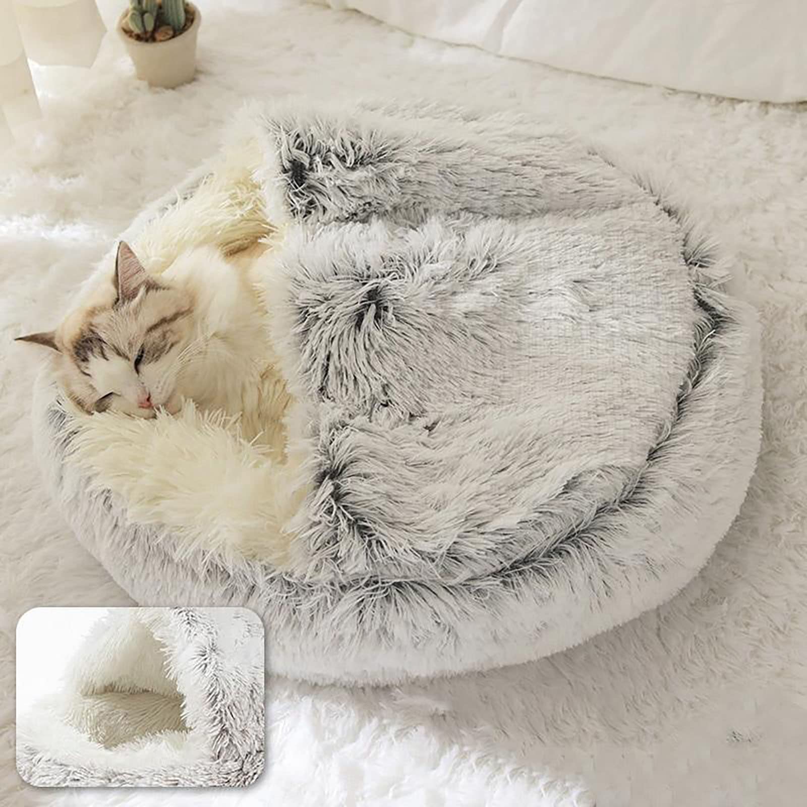 ShinHye Cat Bed Round Plush Hooded Cave - Cozy 20" Grey Cotton Pet Bed, Washable & Waterproof for Indoor Cats & Small Dogs