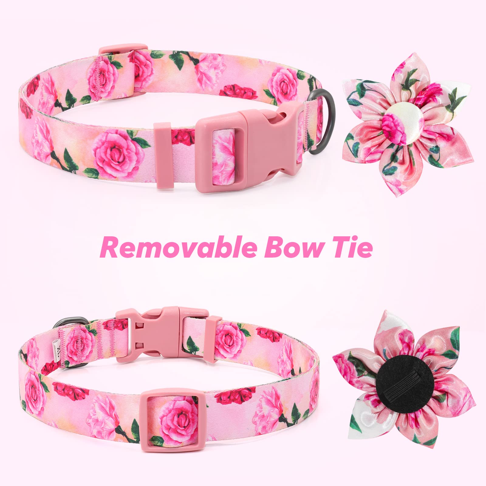 Pink Floral Girl Dog Collar With Rose Flower Bow Tie For Cute Girl Female Cats, Small Medium Large Dogs Spring Summer Season For Your Furbaby