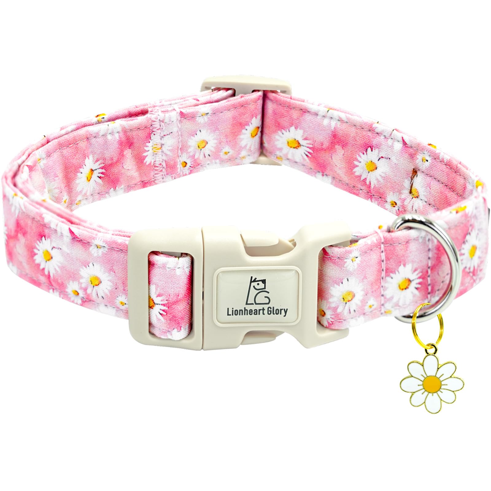 Lionheart Glory Dog Collar-Pink Floral Pattern Dog Collar Cute Flower Dog Collars Female Heavy Duty Adjustable Collars For Small