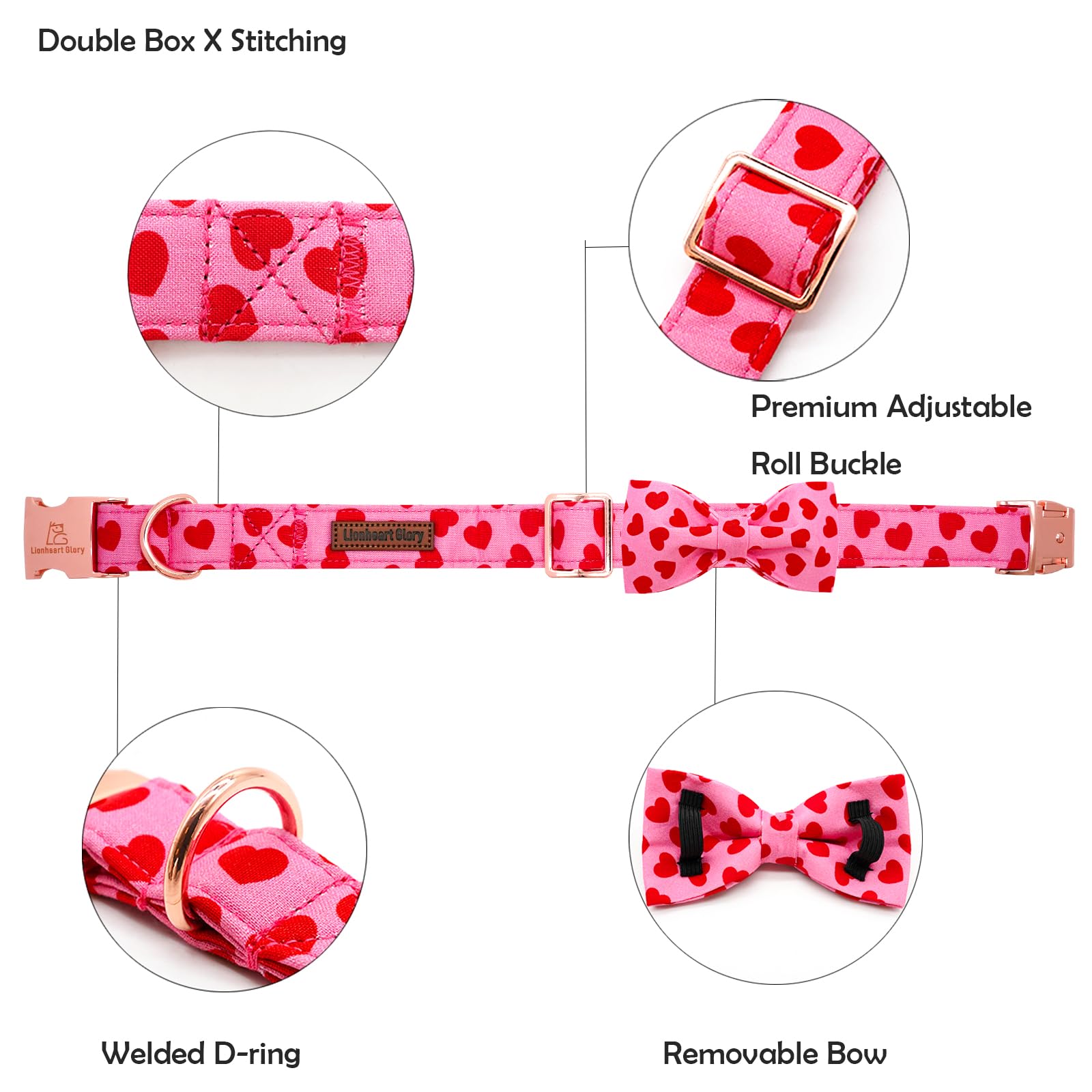 Lionheart Glory Dog Bow Collar Valentine'S Day Dog Collar For Small Dogs, Hearts Dog Collars With Bowtie Spring Dog Collar Pet C