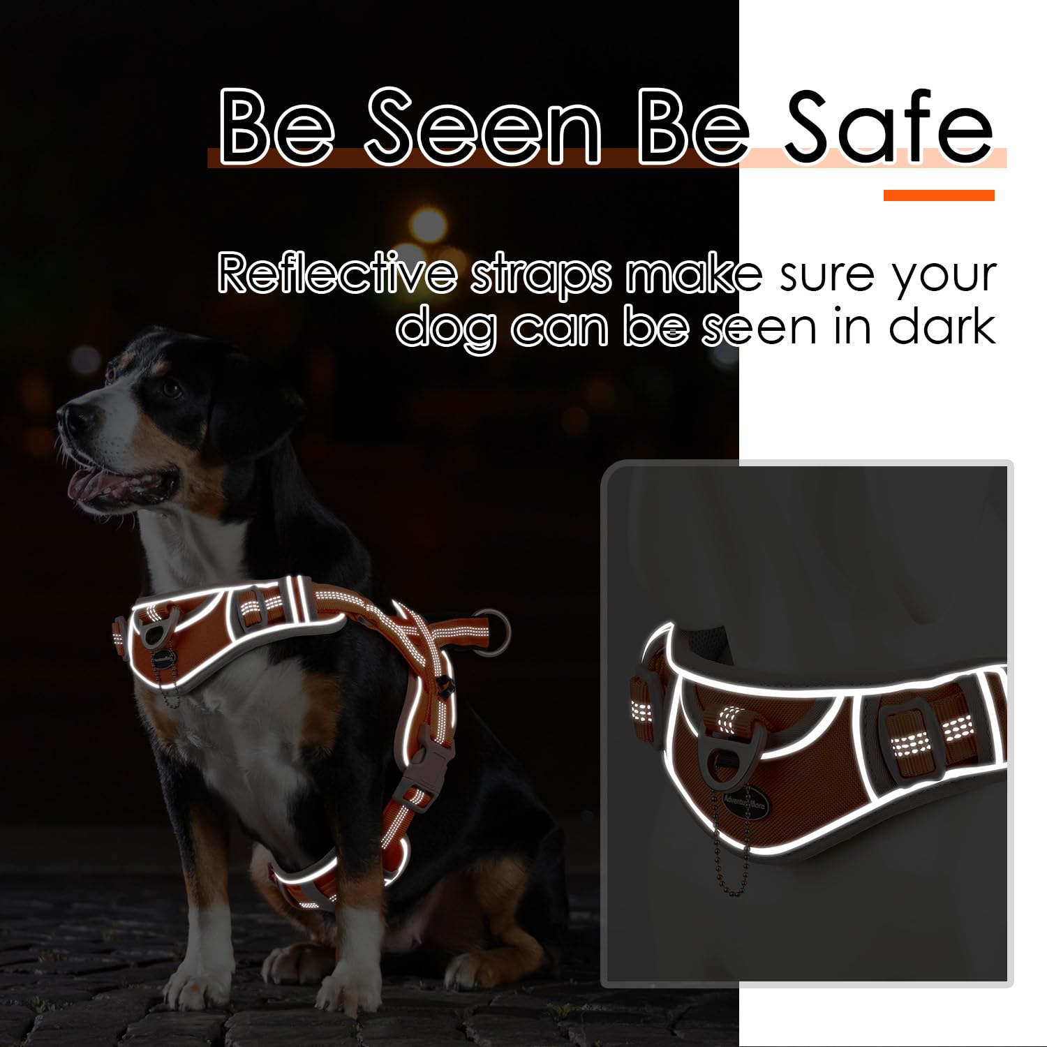 ADVENTUREMORE Medium Dog Harness - No Pull, Reflective, Adjustable, Escape Proof, Orange, Model CPHA-0415
