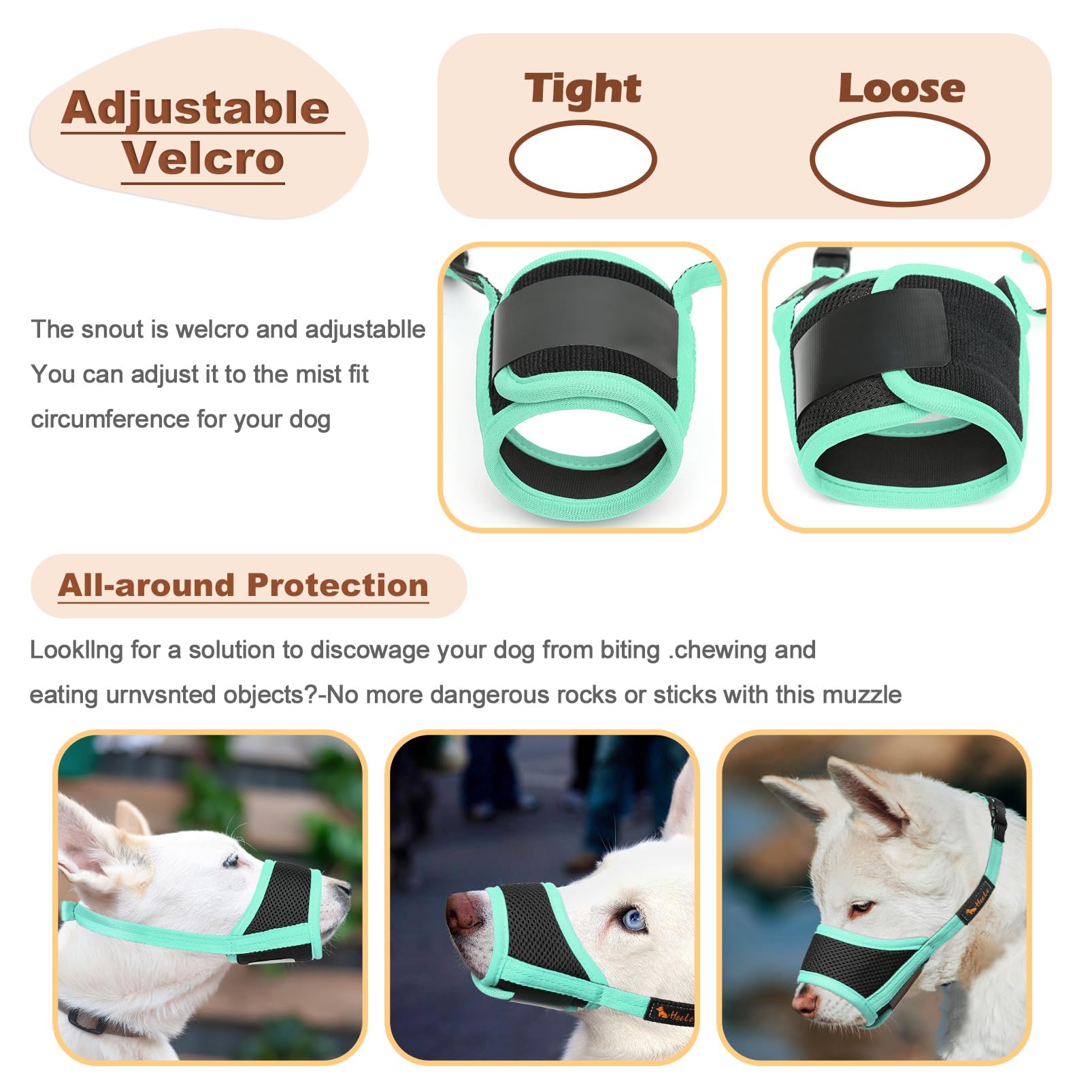 HEELE Dog Muzzle - Soft Mesh, Breathable, Adjustable Straps, Prevents Biting & Chewing, Allows Drinking, Green, Medium Size